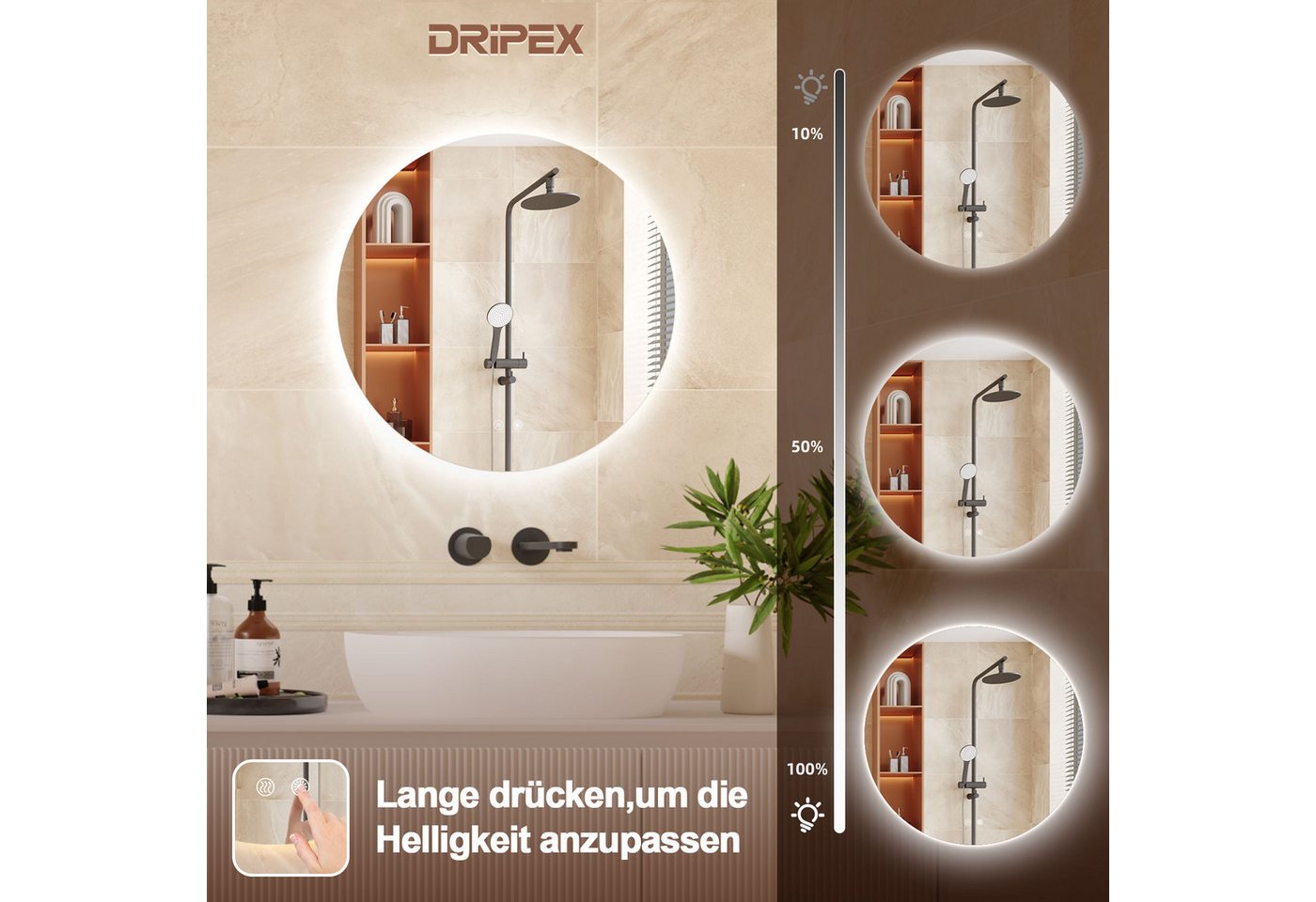 Thumbnail - Dripex Badspiegel Badezimmerspiegel LED Wandspiegel mit Beleuchtung, Rund/Rechteckig/Asymmetrisch