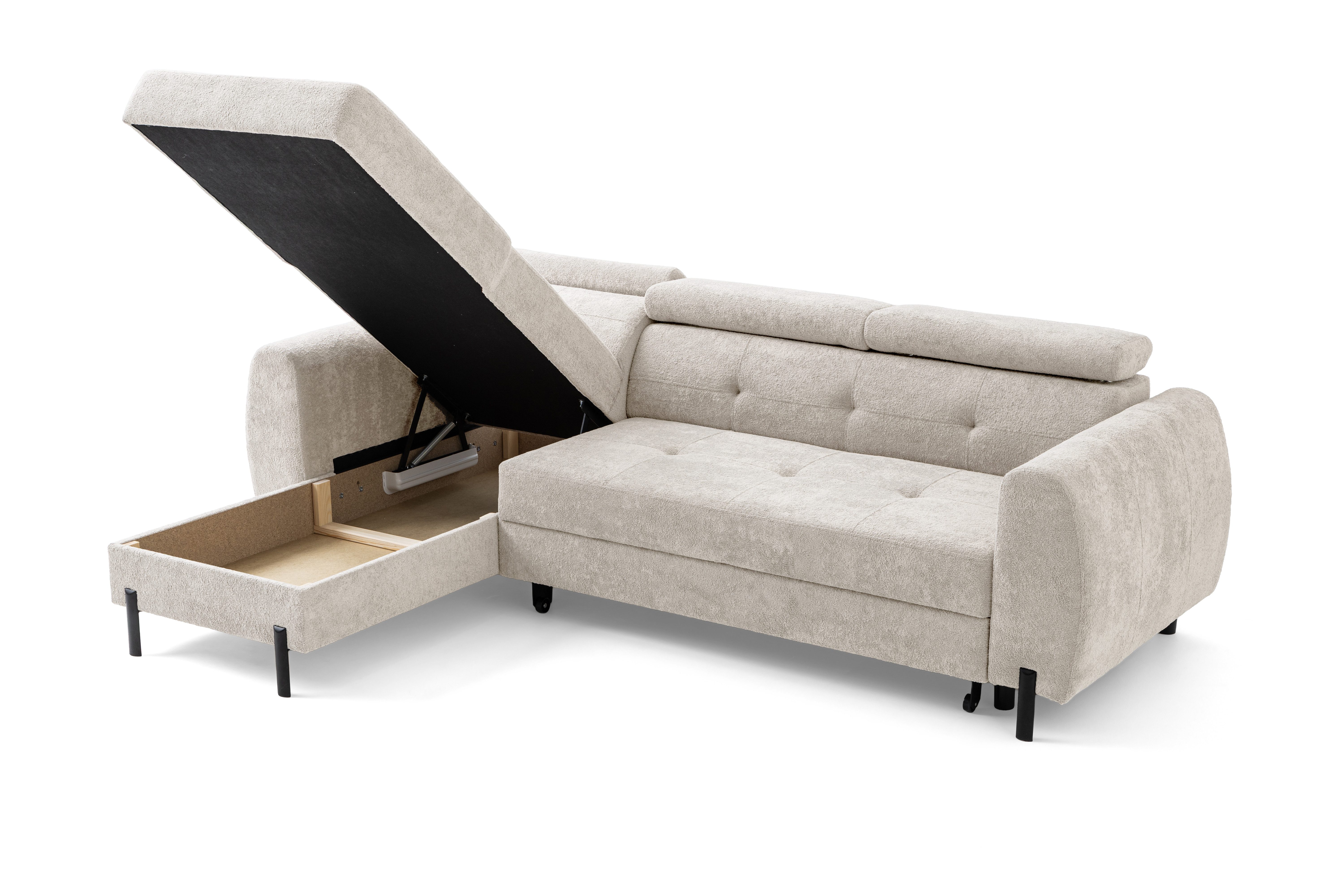 Muffo Ecksofa VALT, Universeller Aufbau, mit verstellbare Kopfstützen, Schlaffunktion mit 130x210 cm Liegefläche, mit Schlaffunktion und verstellbaren Kopfstützen B:45/T:160/H:90 cm