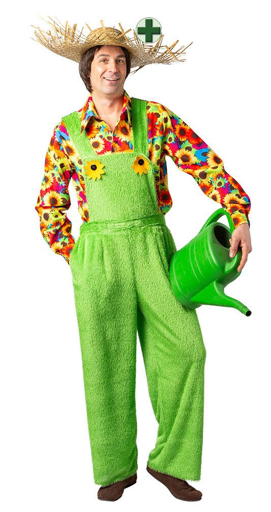 Karneval-Klamotten Kostüm Gärtner Herren Gras-Latzhose mit Sonnenblumen Hut, Gärtnerhose Herrenkostüm Männerkostüm in Grasoptik mit Gärtnerhut