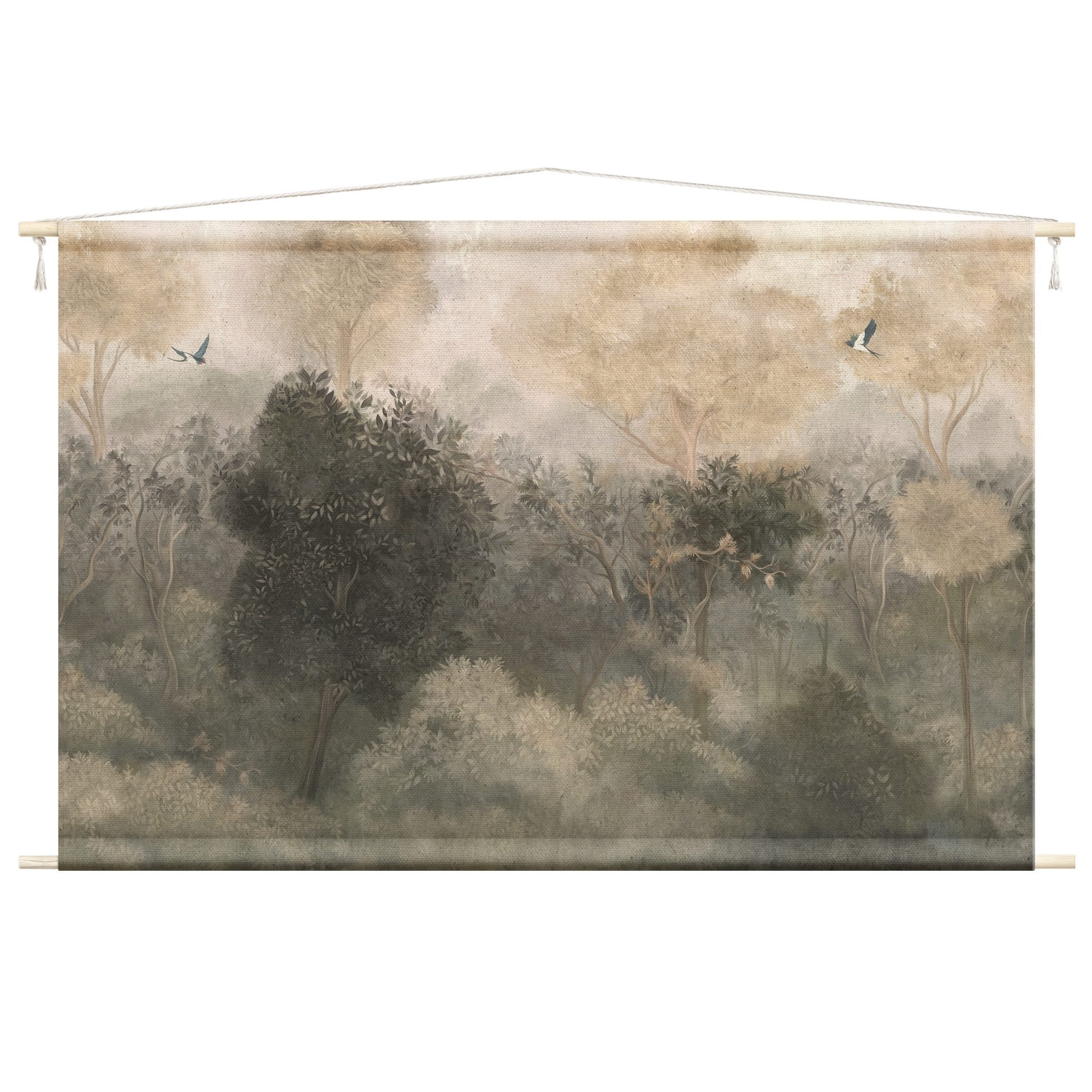 Bilderdepot24 Wandteppich modern Wald Natur Vintage grün, rechteckig, Höhe: 2.6 mm, großes Wandbild aus Natur-Baumwolle Wandbehang Stoffbild Tuch Wollseil