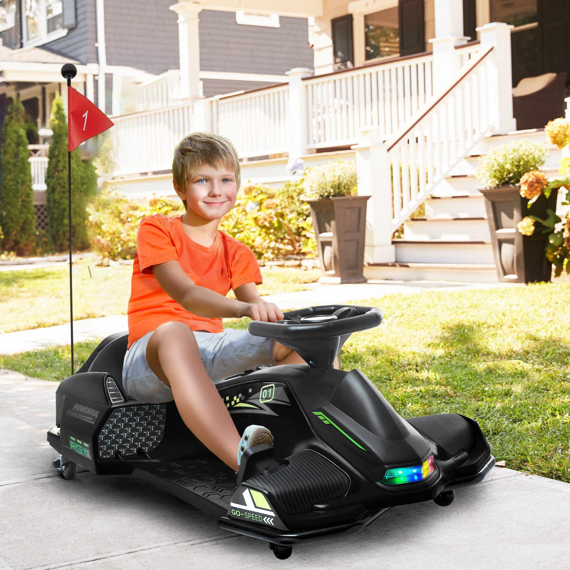 HOMCOM Elektro-Kinderauto mit Driftmodus, Langsamem Start, Lichtern Musik, Sicherheitsgurt, Belastbarkeit 50 kg, (1-tlg), 12 V 3-8km,h, für 8-12 Jahre Kinder, Schwarz
