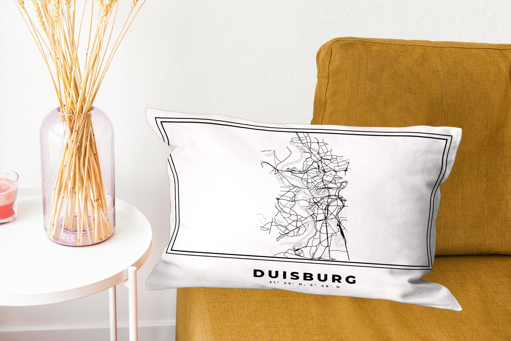 MuchoWow Duisburg, weiß Karte Dekoration, Stadtplan - - - - Dekokissen Schlafzimmer Dekokissen und Wohzimmer mit Schwarz Füllung, Zierkissen, Deutschland