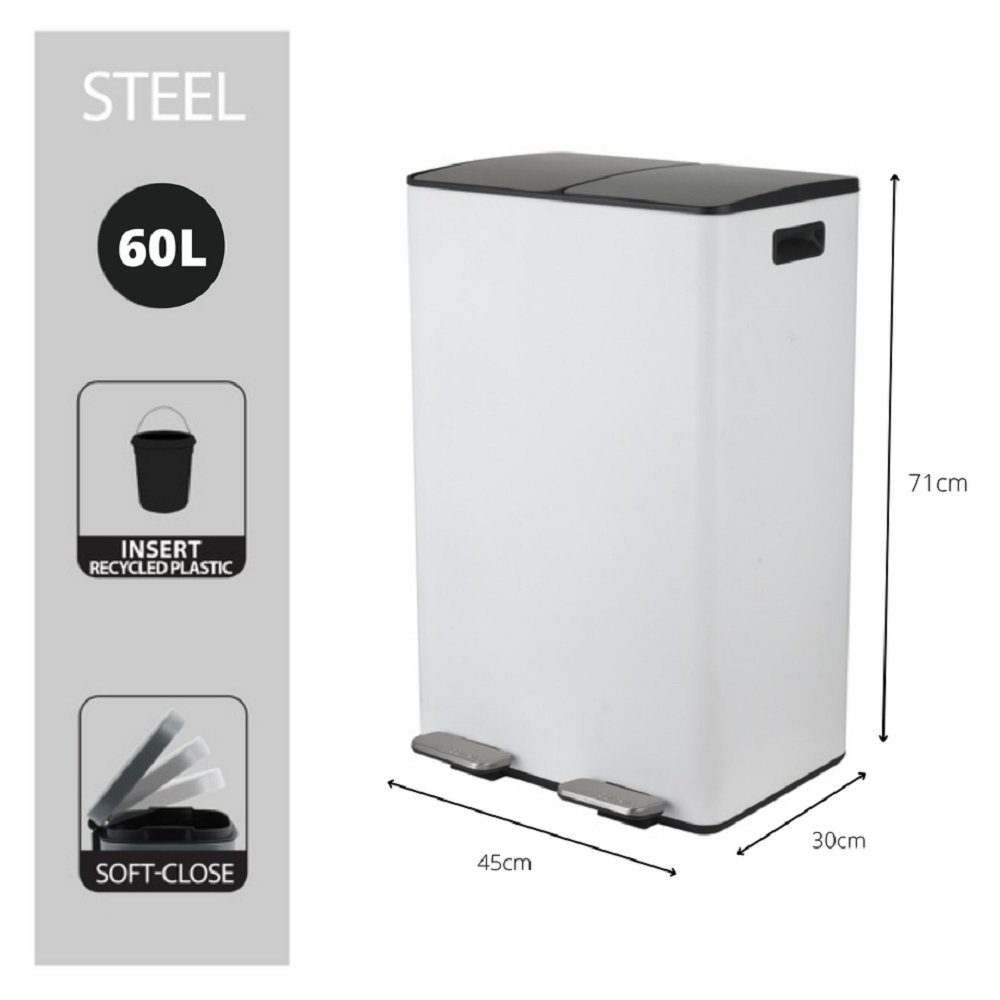 spirella Mülltrennsystem ALIYA, 2 Kammern Abfall Treteimer XXL, 60 L, Softclose Absenkautomatik, herausnehmbare Innenbehälter, Anti-Fingerprint Oberfläche, Stahl matt-satiniert, für Küche, Büro, Hauswirtschaftsraum, 2 x 30 L, weiß