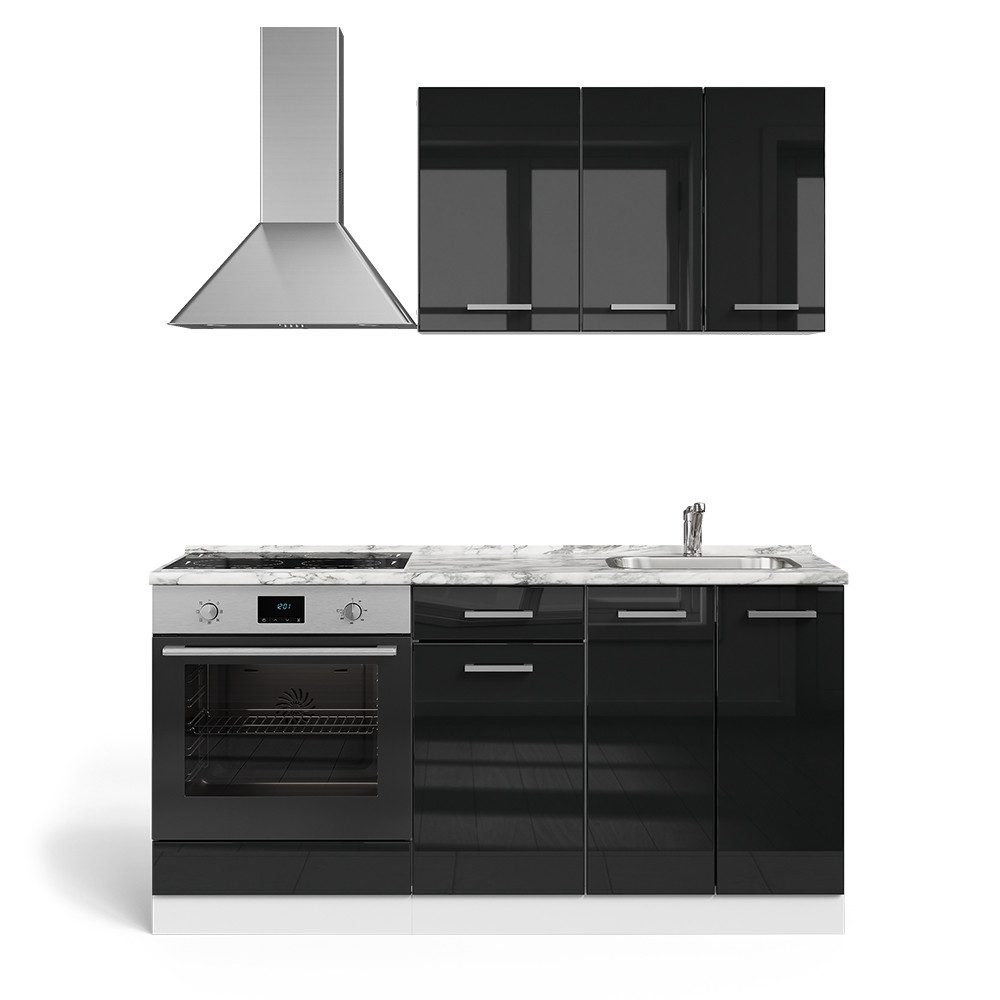 Vicco Кухниzeile R-Line, Schwarz Hochglanz/Weiß, 160 cm mit Herdumbauschrank ohne A...