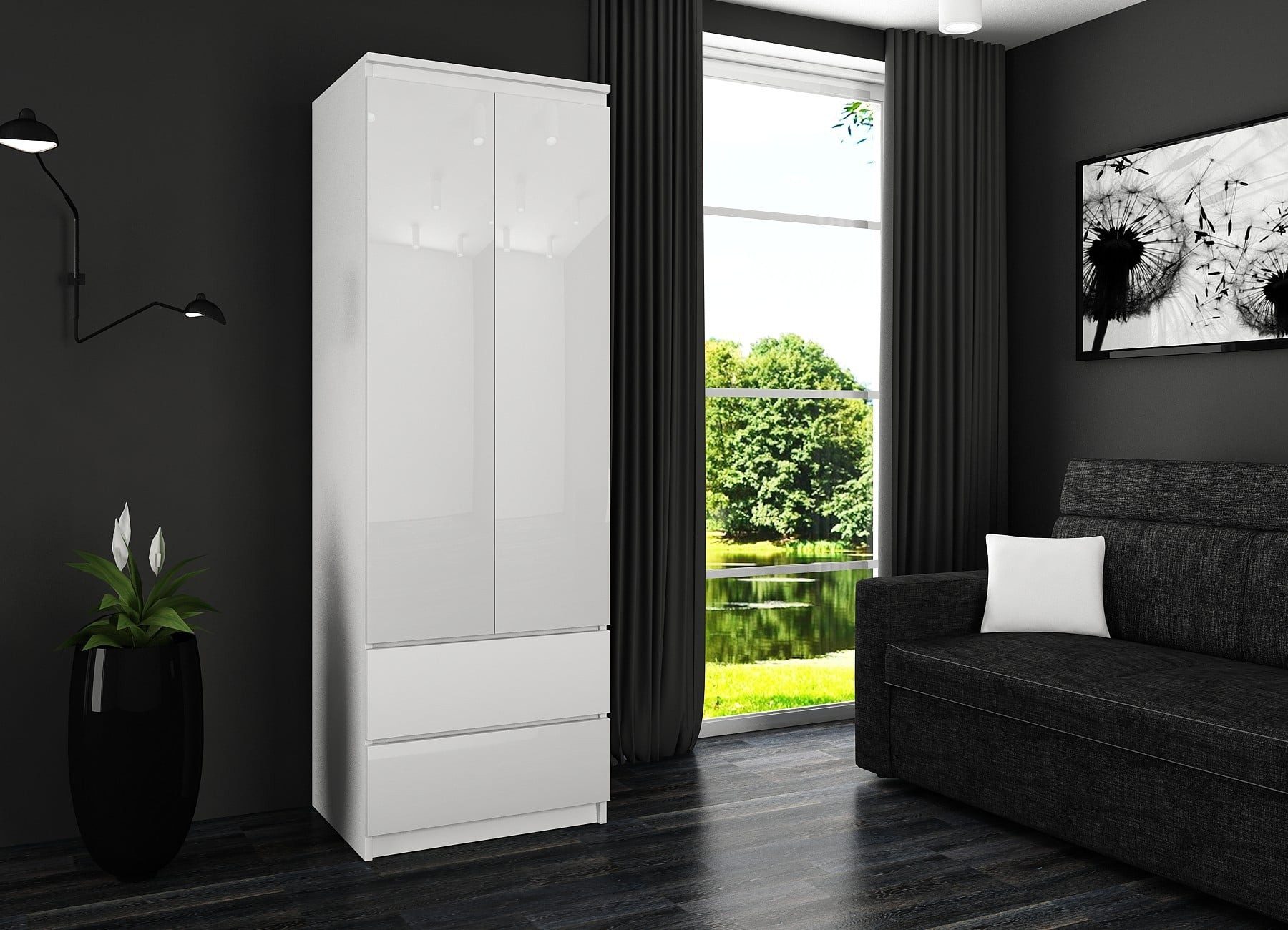 Raumhirsch Furniture Kleiderschrank Weiß Hochglanz - Zeitloses Design - Garderobenschrank Kleiderschrank mit 3 Türen & 2 Schubladen, Soft-Close, Stauraum