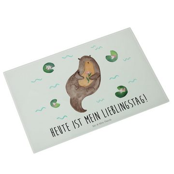 Mr. & Mrs. Panda Servierbrett Otter Seerose - Weiß - Geschenk, Glasschneidebrett, Fischotter, Otter, Premium Glas, (1-St), Gravierte Motive