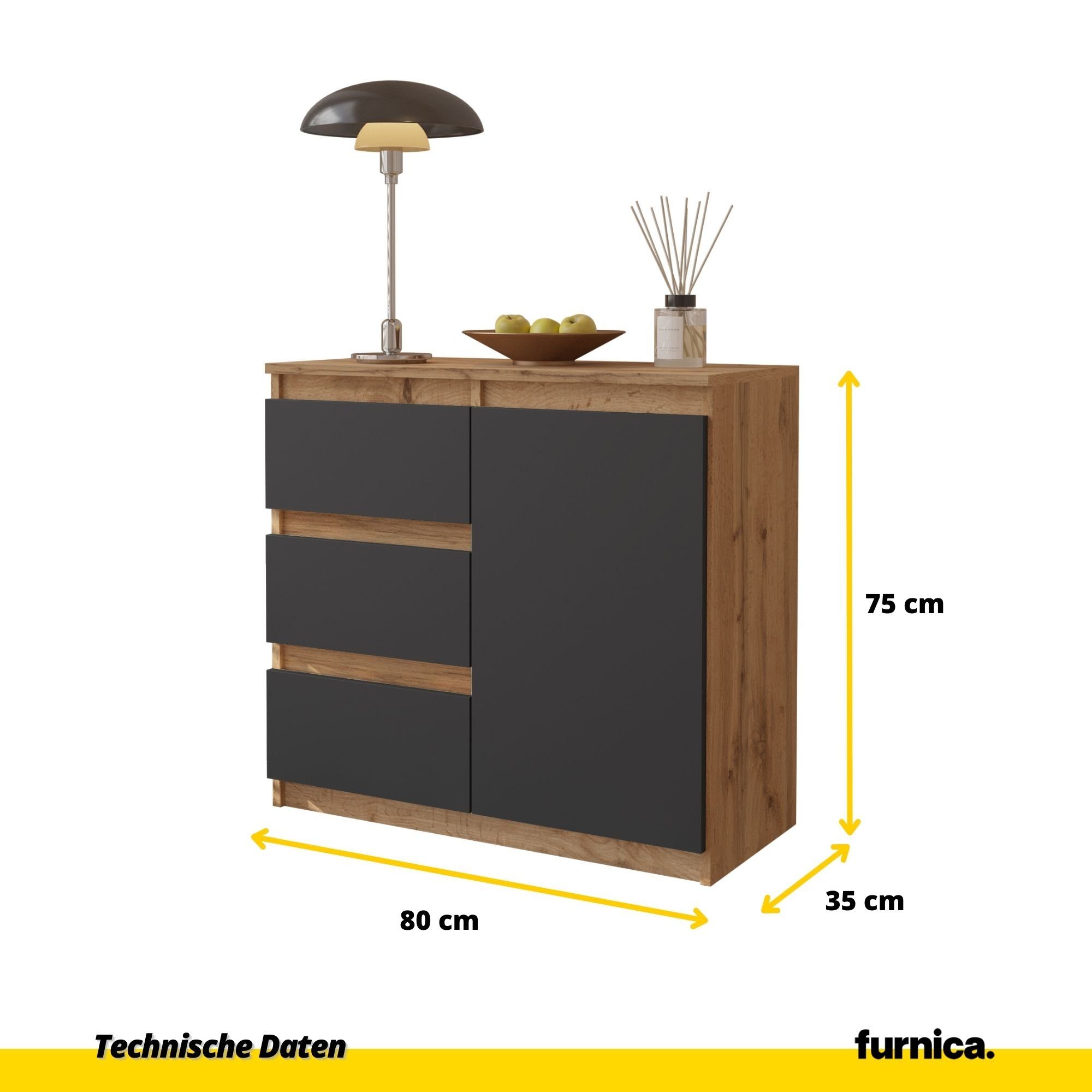 Furnica Kommode MIKEL, 3 Schubladen und 1 Tür - Votan Eiche H75cm B80cm T35cm (1 St)