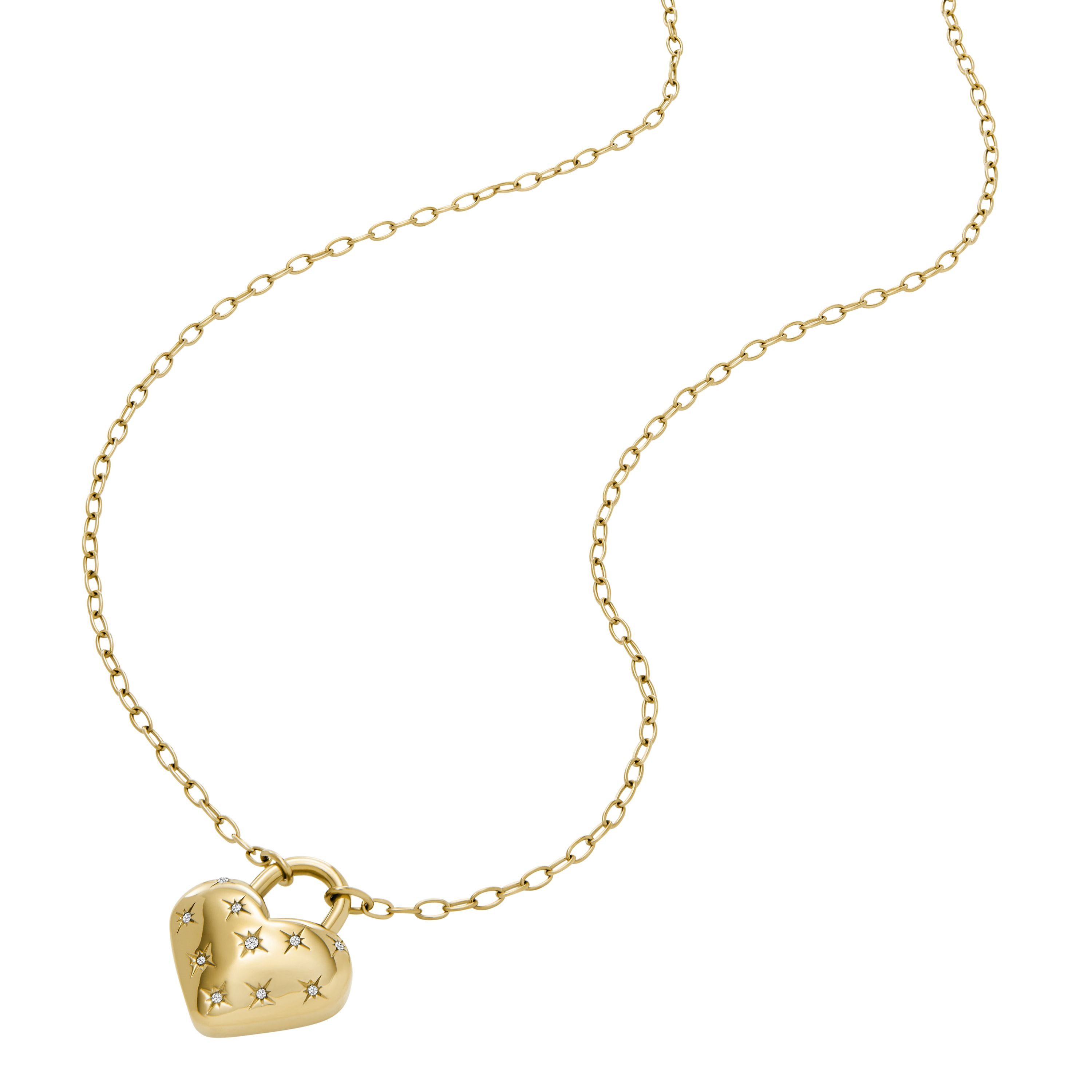 Fossil Kette mit Anhänger Schmuck Geschenk Edelstahl SADIE Herz, mit Glasstein