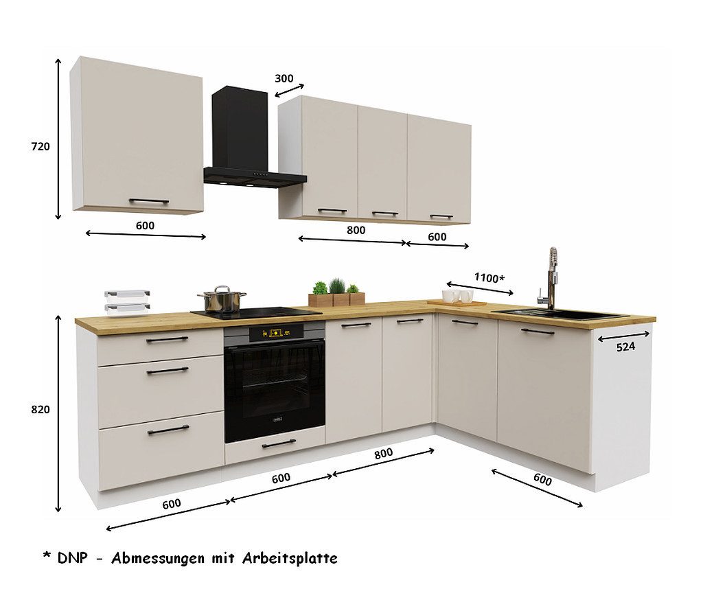 Möbel für Dich Winkelküche moderne Eckküche in L-Form Denis 260x170 cm, 8-teilig, mit Fronten in Weiß Hochglanz oder Beige matt