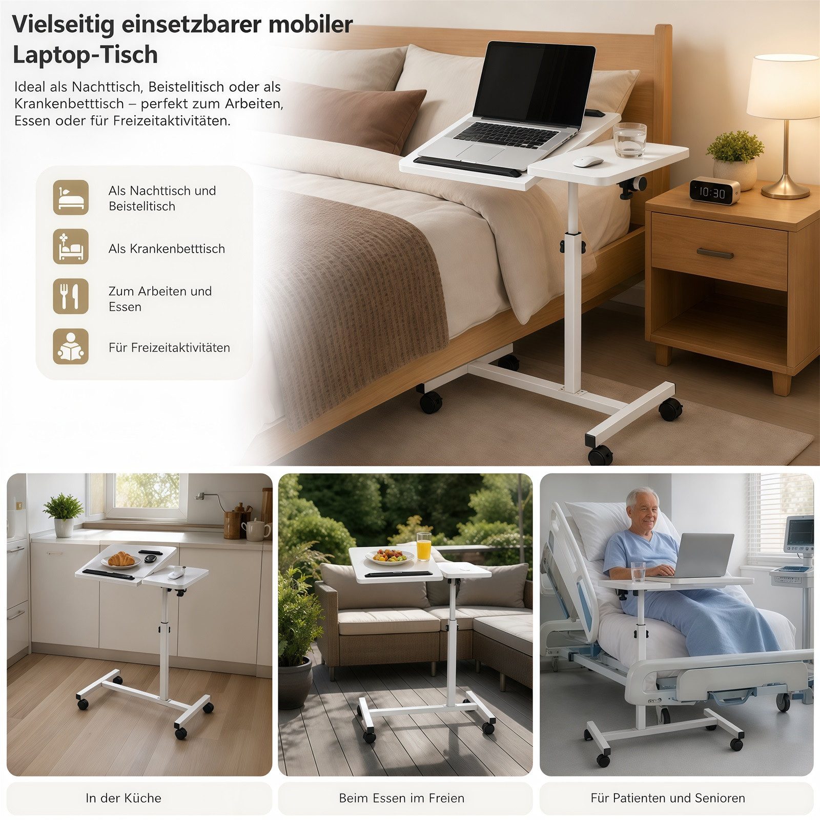 GLIESE Beistelltisch Mobiler Beistelltisch mit Rollen Neigefunktion für Bett & Sofa, Höhenverstellbar (60–90 cm), Neigbare Tischplatte (0–90) – Bild 4 von 5
