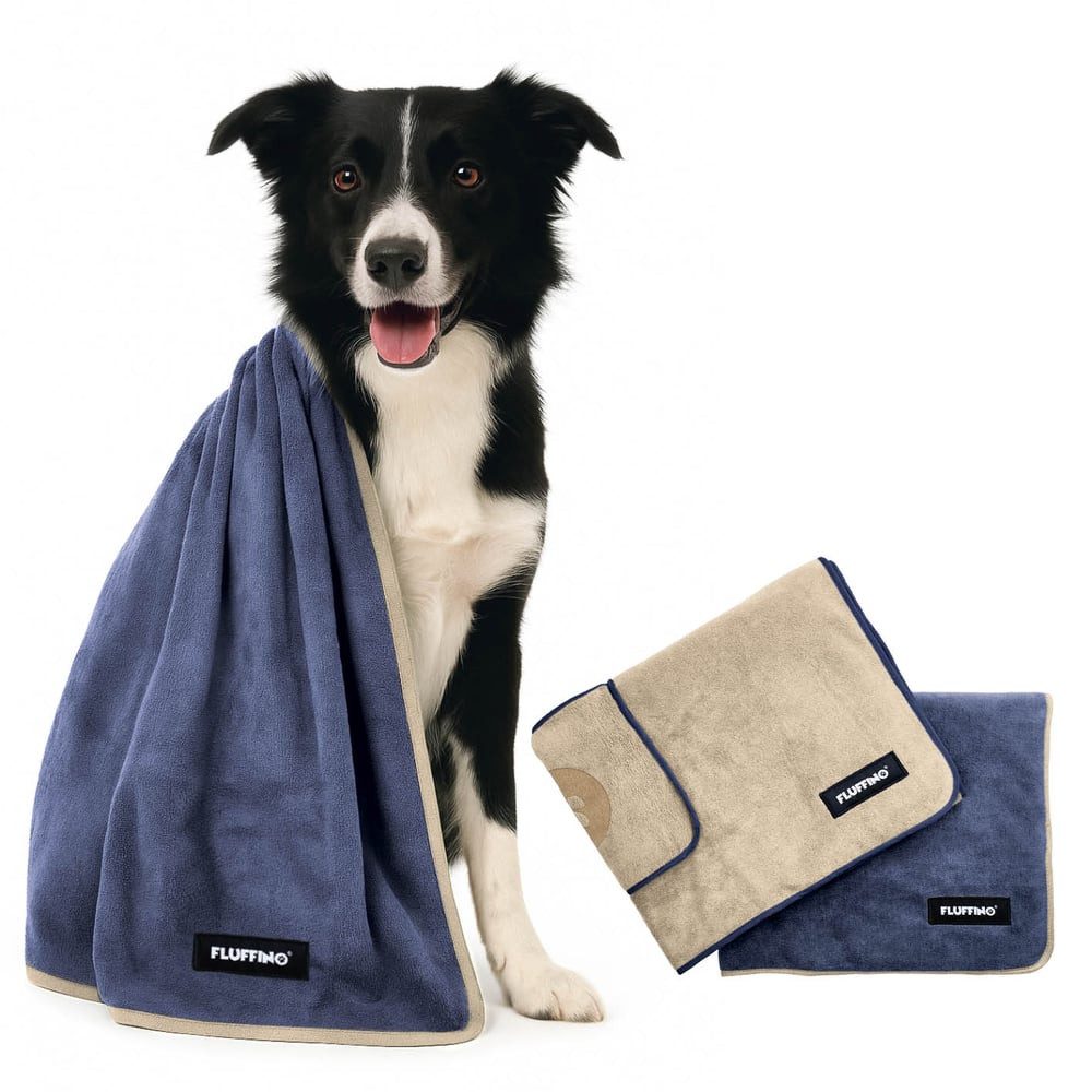 FLUFFINO® Hundehandtuch Mikrofaser 2er-Pack 120x70cm Beige & Blau, FLUFFINO Hundehandtuch (2er-Pack) dog towel (2-pack)