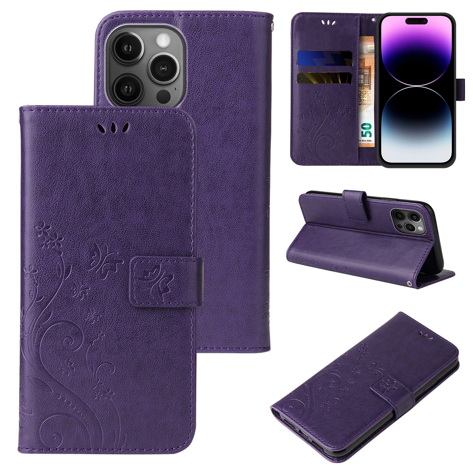 Tec-Expert Handyhülle Cover Tasche Hülle für Apple iPhone 14 Pro Max 6,7 Zoll, Klapphülle Case mit Kartenfach Fliphülle aufstellbar, Motiv Blumen