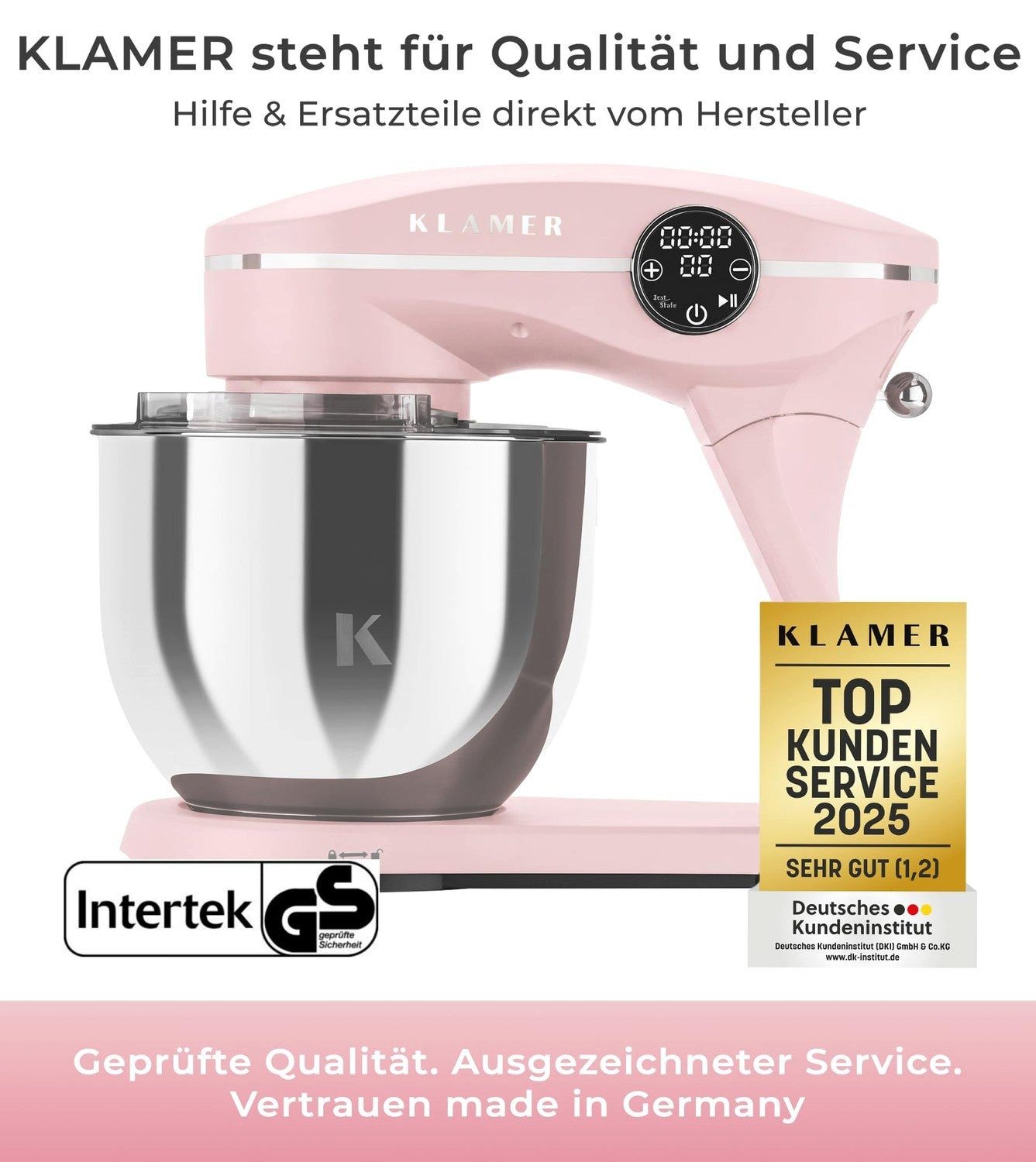 KLAMER Küchenmaschine 1800W, Knetmaschine mit 6 Liter Edelstahl Schüssel, 10 Geschwindigkeitsstufen mit Timer, Rührbesen, Knethaken, Schneebesen und Spritzschutz, weiss, 1800 W, 6 l Schüssel, Spritzschutz, 3 Werkzeuge, Saugfüße, digitales Display, Timer