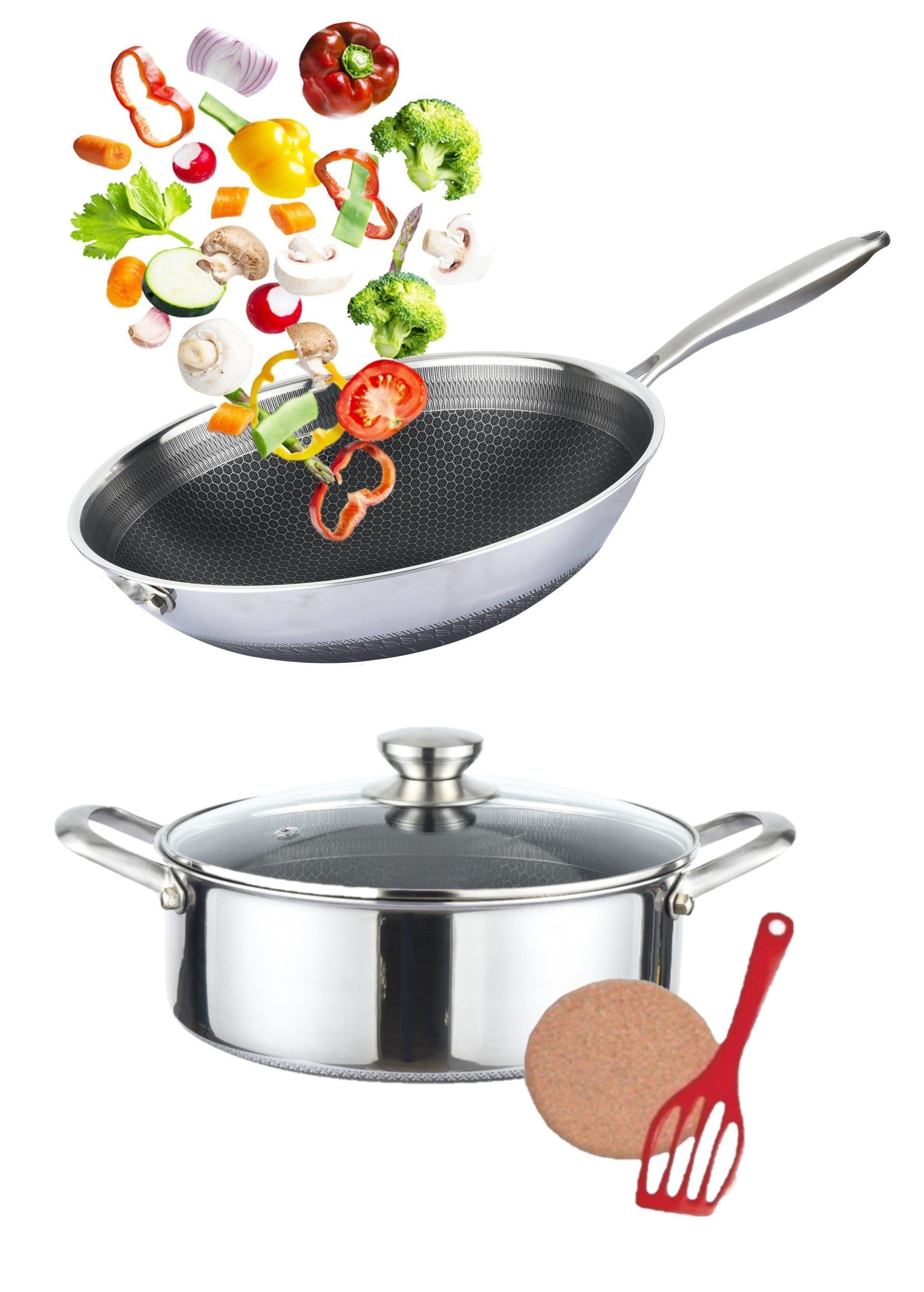 KESSMANN Pfannen-Set Induktion Pfannenwender Zubehör, 5-tlg., Kasserolle Antihaftbeschichtet 1 + Inkl. Untersetzer (Set, Wokpfanne + 28cm Pfannenset Pfanne 1 Kochpfanne + Schmorpfanne Wok Bratpfanne Deckel Pan), Edelstahl Induktionsherd 32cm 