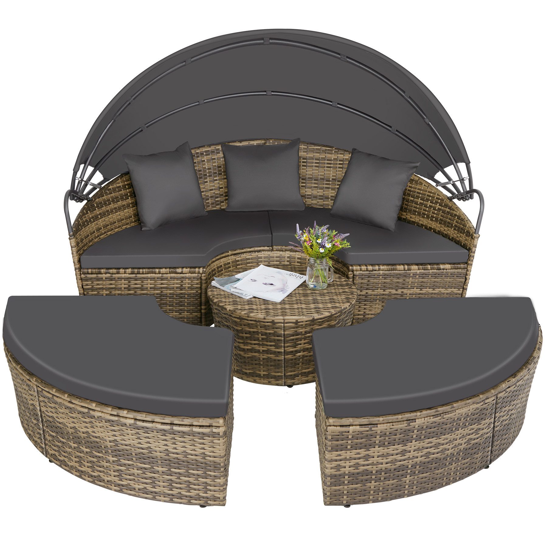 tectake Loungeset Rattan Sonneninsel Santorin - UV-beständig und widerstandsfähig, (Gartenlounge-set Santorin, 5-tlg., geeignet für Outdoor in Natur), klappbares Sonnendach & höhenverstellbare Füße