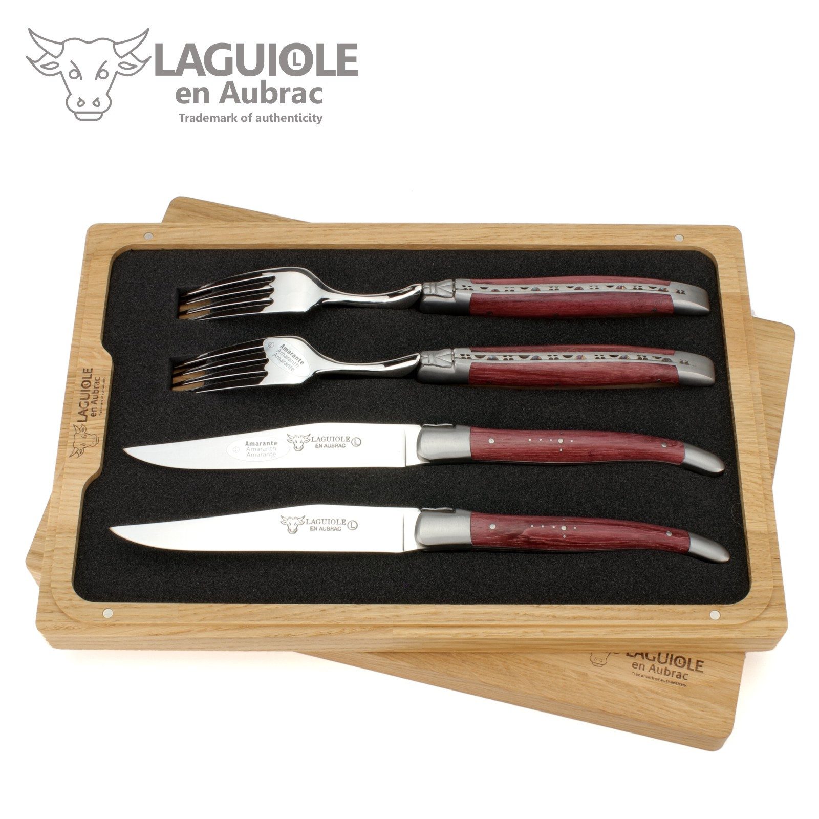 Laguiole en Aubrac Steakbesteck CCF99ATI, 2 Messer / 2 Gabeln - Griff Amaranth - Backen matt - Stahl glänzend