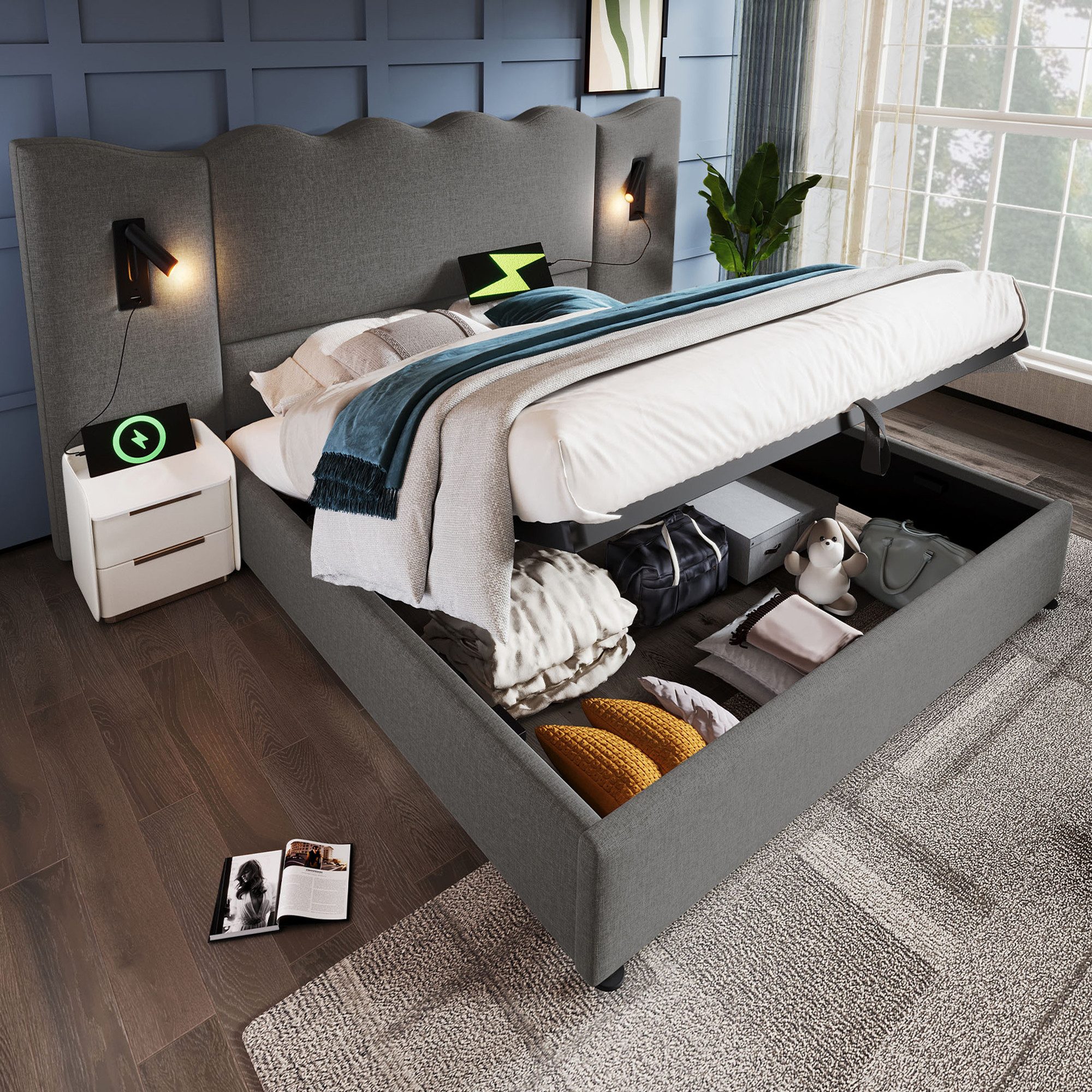 OKWISH Polsterbett Hydraulischer Stauraum & USB/Type-C Anschluss inklusive (Doppelbett, 1-tlg., Für gemütliches Lesen und praktische Aufbewahrung), 160x200 cm mit drehbarer LED-Leselampe(ohne Matratze)