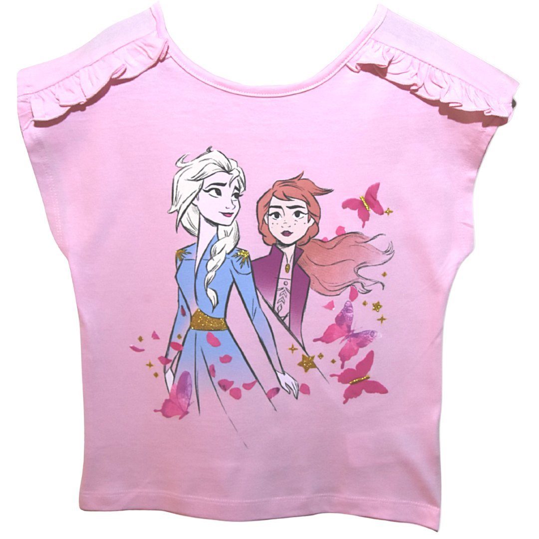Elsa T-Shirt Disney Kurzarmshirt Frozen Rosa Mädchen mit Anna & Rüschendetails