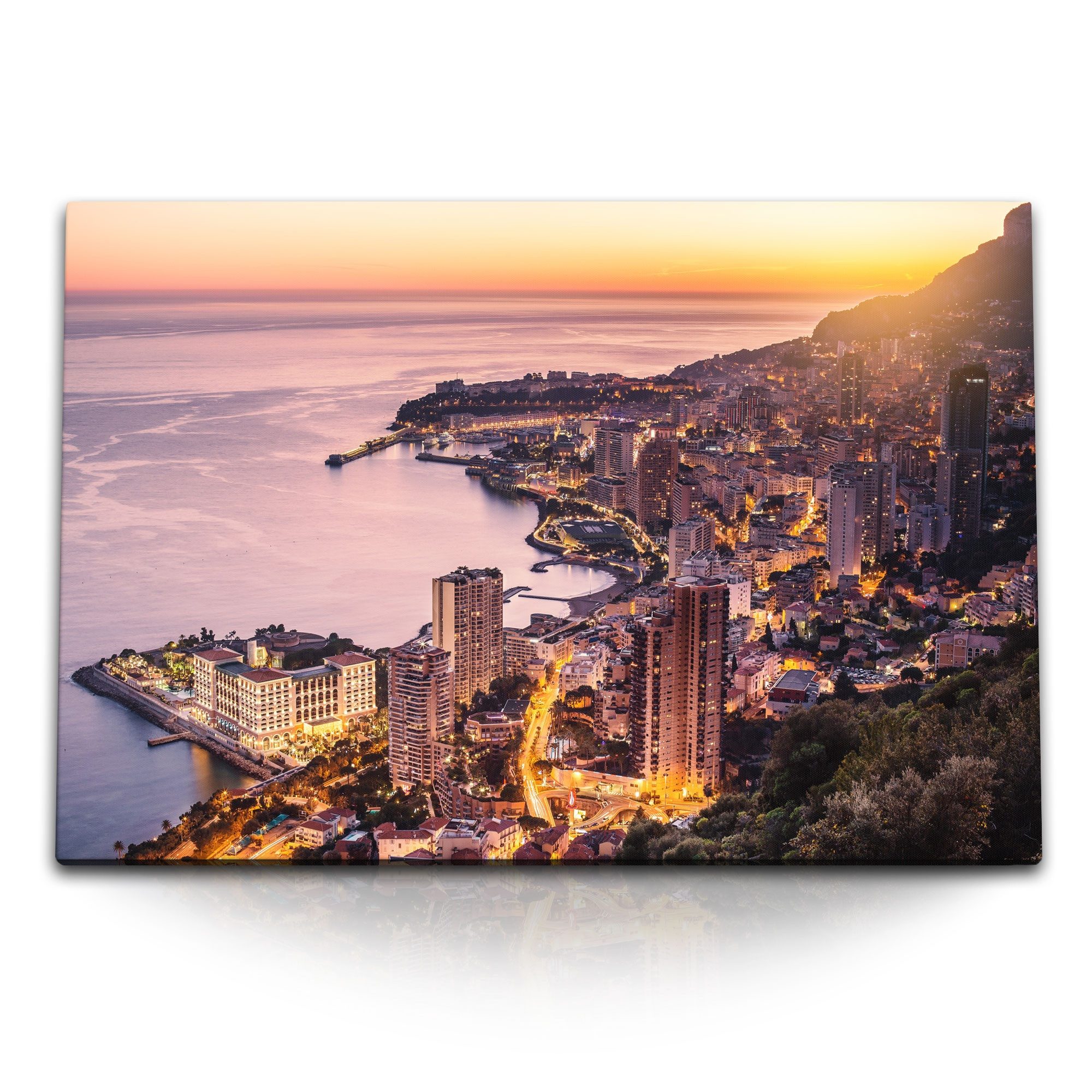 Leinwandbild 120x80cm Wandbild auf Leinwand Montecarlo Monaco Küste Meer Sonnenunte