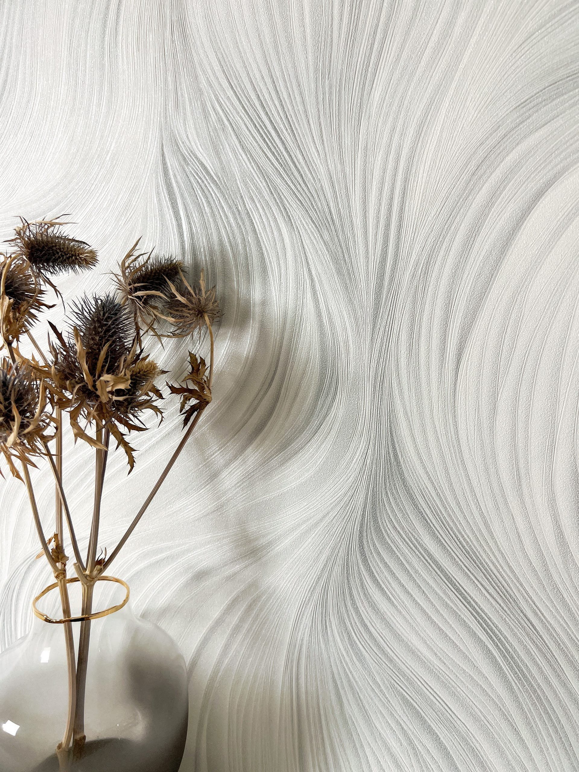 Newroom Vliestapete Kady Hellgrau Tapete Mustertapete Linien, Wellen, Streifen, strukturiert, Glanztapete