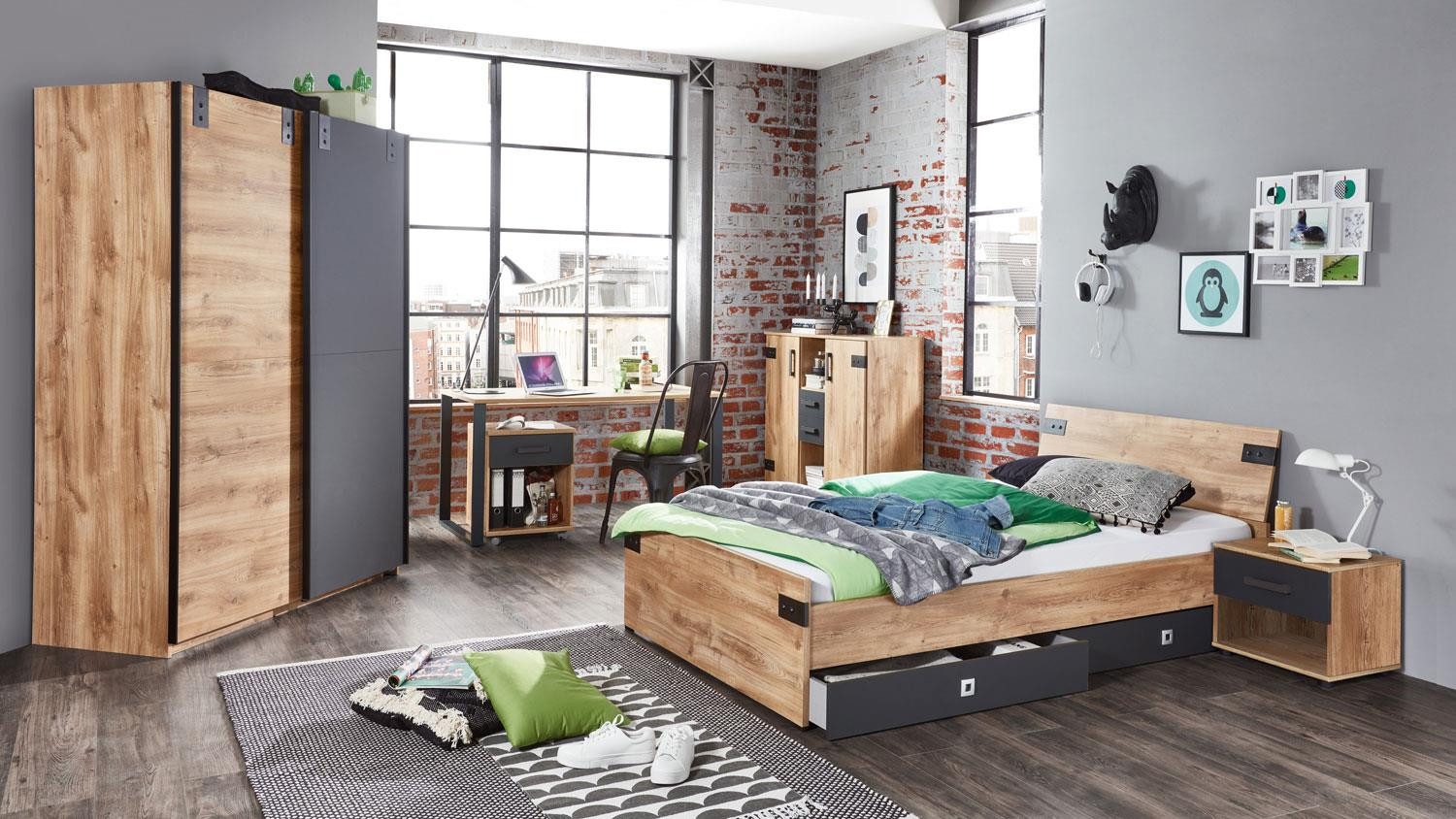 Wimex Jugendzimmer-Set Jugendzimmer 2 Liverpool Kinderzimmer Eiche graphit 3-tlg, (3-tlg)