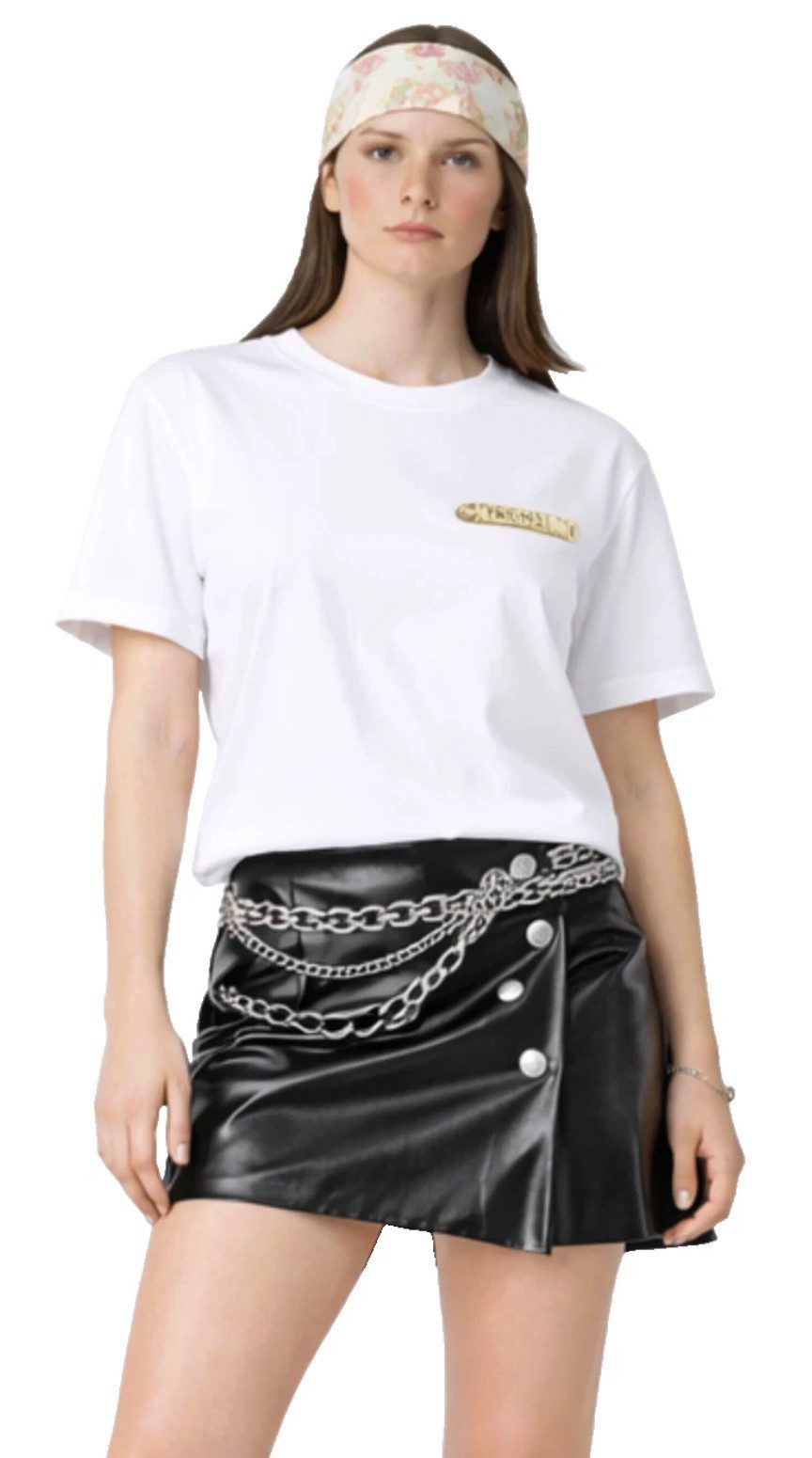 Moschino T-Shirt COUTURE Damen Metal Gold Logo Regular Fit Goldene Metall-Logo-Applikation auf der Brust