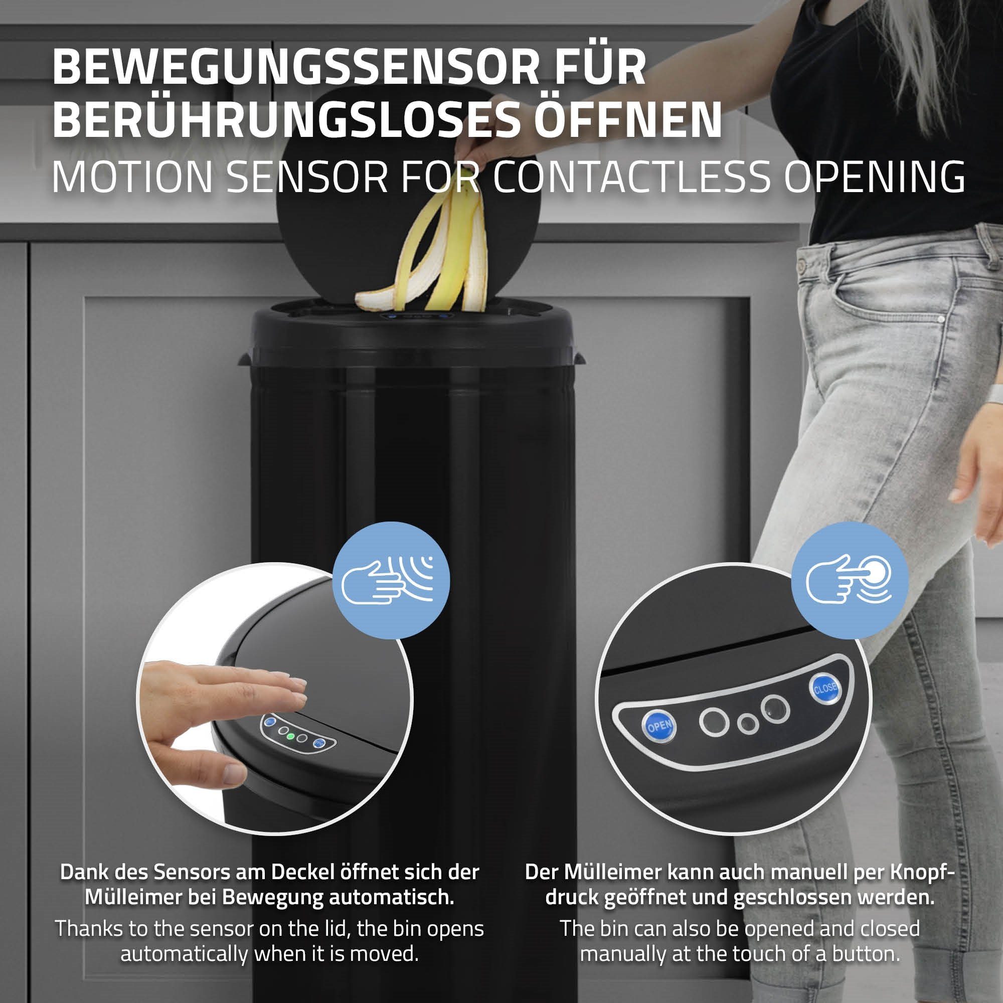 Schwarz Abfalleimer & Edelstahl Schließen berührungslos 50L mit Bewegungssensor, Rund ML-DESIGN Müllbehälter automatisches Öffnen Mülleimer