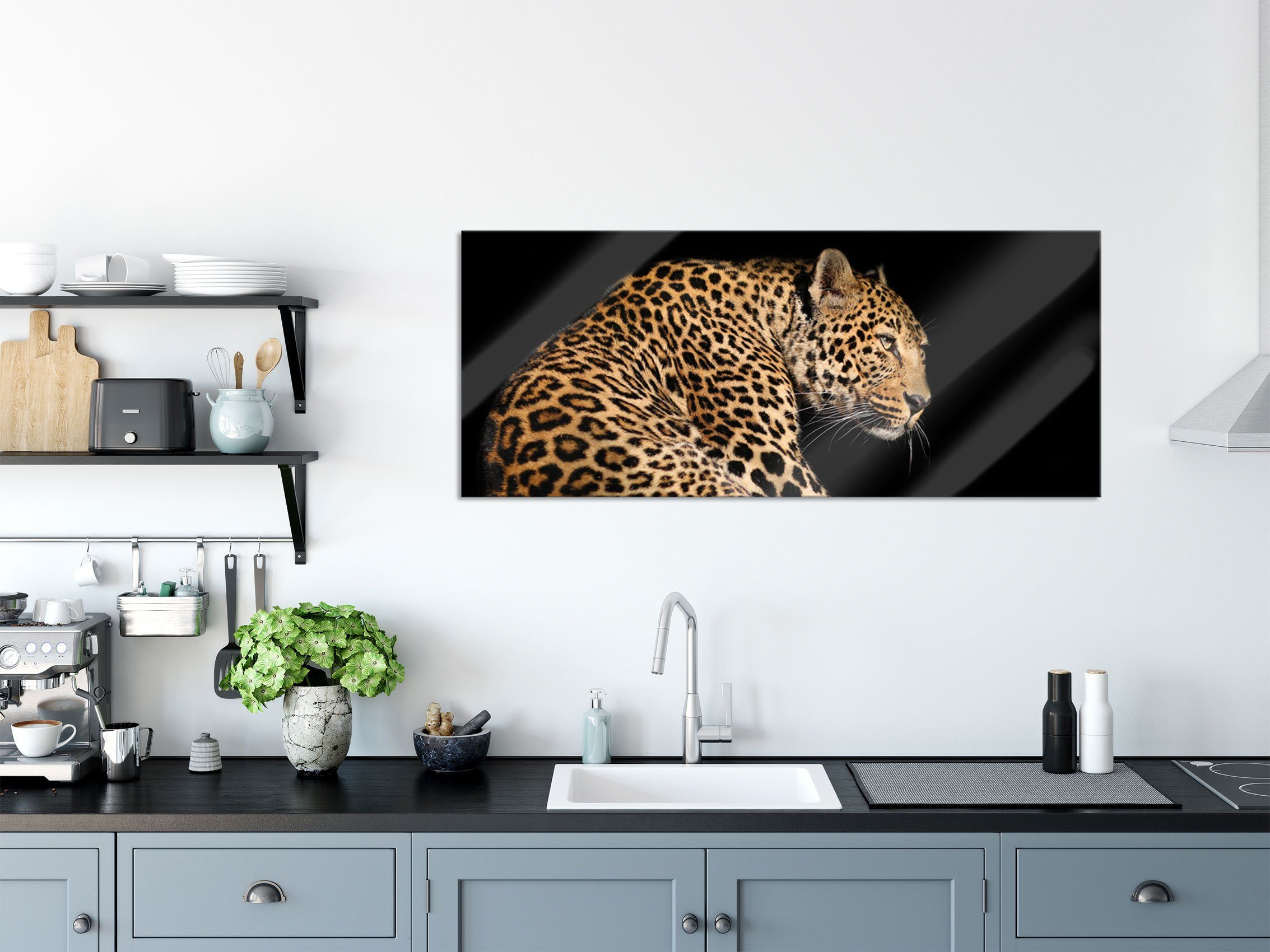 Leopard und (1 Glasbild Anmutiger inkl. St), Aufhängungen Abstandshalter Glasbild Pixxprint Leopard, Echtglas, aus Anmutiger