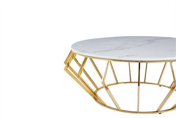 König der Möbel Couchtisch Tisch m. Gitter Metallgestell Gold (Tischplatte aus Hochwertigen Echt Marmor), Runder Sofa Beistelltisch Marmoroptik