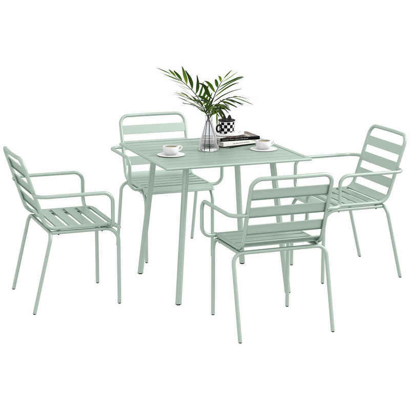 Outsunny Garten-Essgruppe Sitzgruppe mit 1 Esstisch, 4 stapelbaren Stühlen, (Gartengarnitur, 5-tlg., Sitzgarnitur), für Balkon, Terrasse, Stahl, Grün