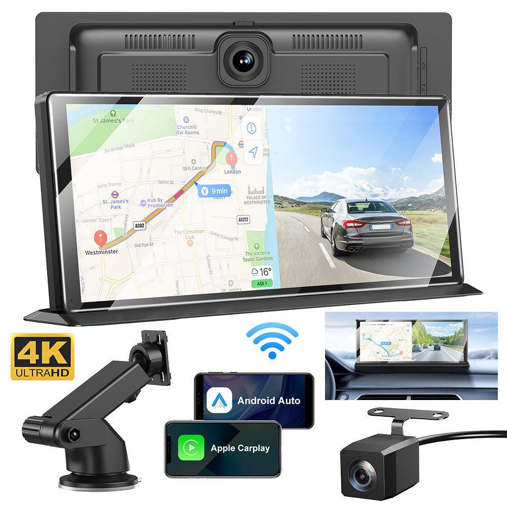 XGODY 4K 11,3-Zoll Kabelloses Carplay Android Auto Vorne Rückfahrkamera Navigationsgerät (Dashcam DVR Bluetooth Touchscreen USB WIFI Mirror Link Autoradio)