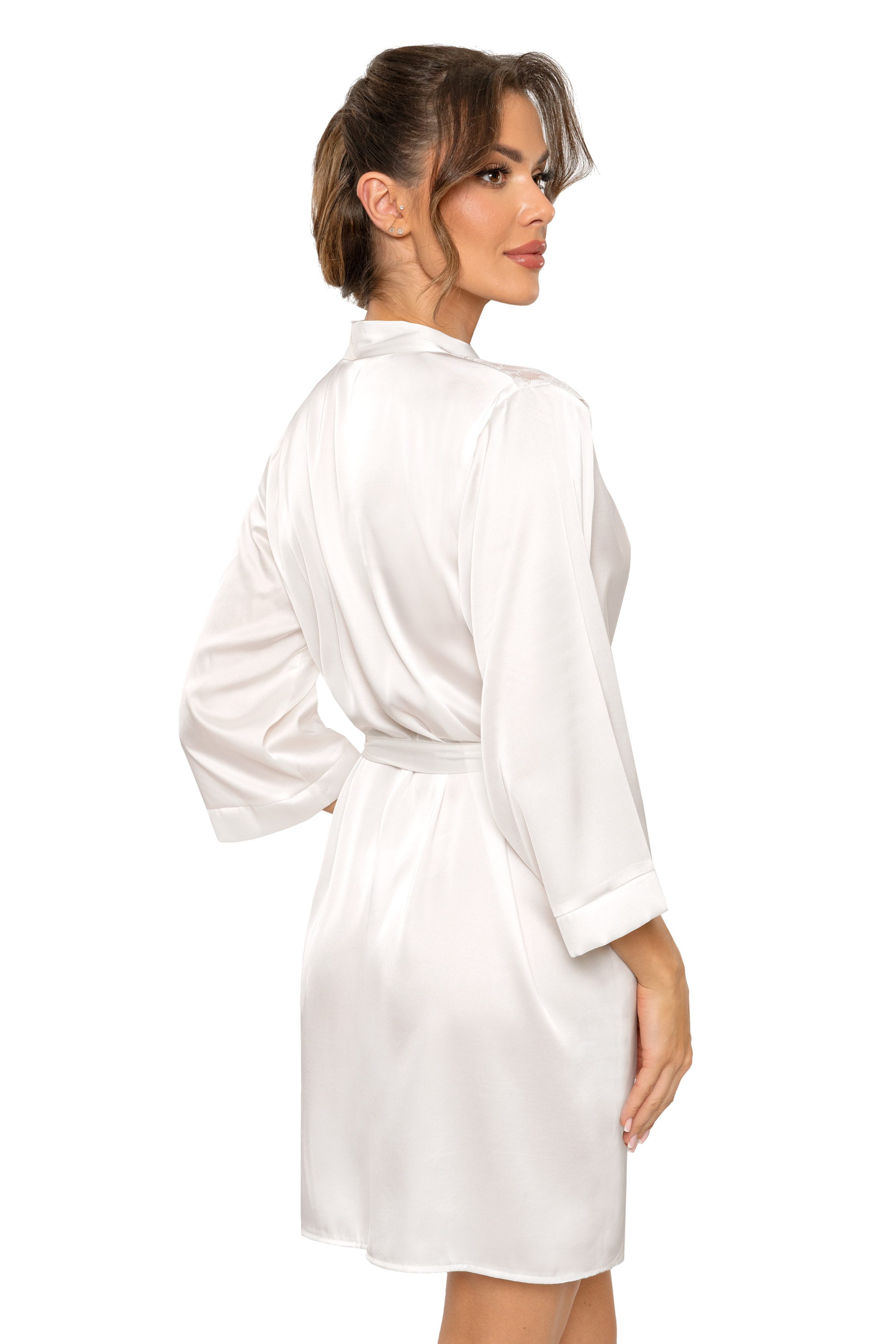 Donna Morgenmantel Kimono aus edlem Seidensatin-Stretch, Seiden-Satin, Kimono-Kragen, Gürtel, Kurzform, Kimono-Kragen, Bindegürtel, mit Spitzeneinsätzen – Bild 4 von 5
