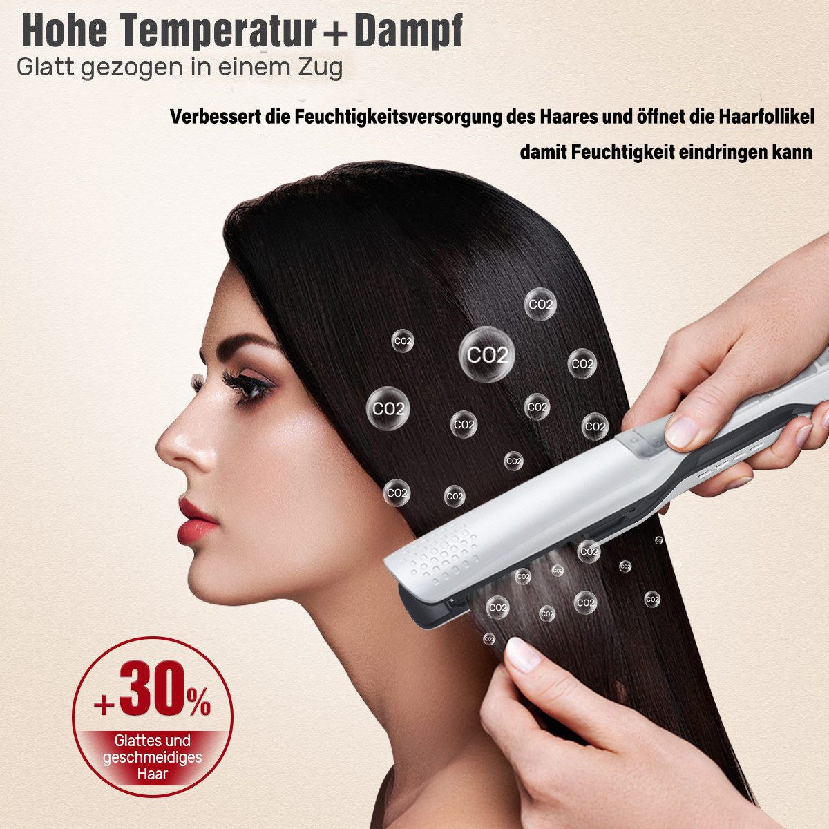 UKLISS Dampfglätter Profi Dampfglätteisen, 40 mm breite Keramikplatten mit LCD-Display, 65 W, Temperaturregelbar 100–230 °C, Dampftechnologie zum Haarschutz