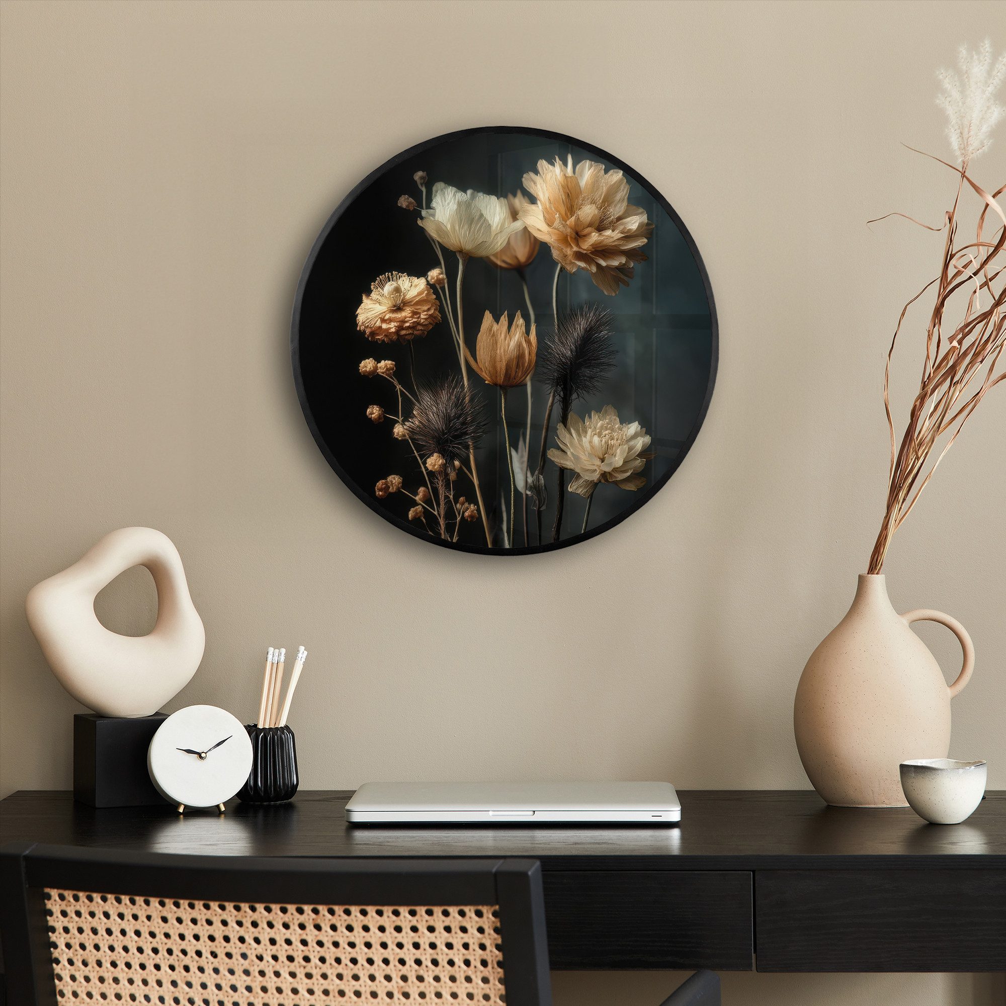 MuchoWow Poster Rund - Blumenstrauß - Blumen - Licht - Schwarz, (1 St), Runde Wandbilder, Deko für Wohnzimmer und Schlafzimmer, 40x40 cm