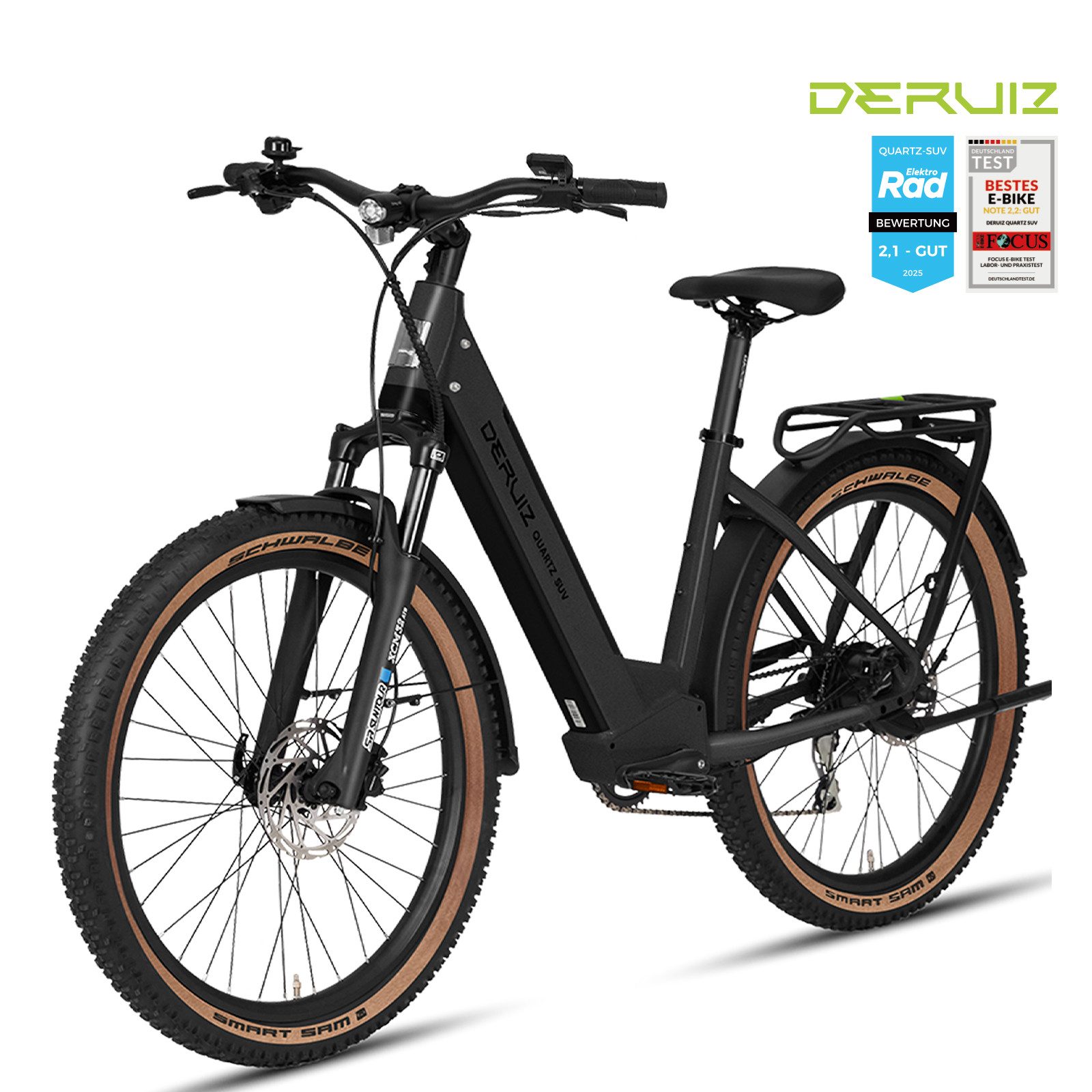 DERUIZ E-Bike Trekkingrad 28 Zoll Quartz SUV, 644 Wh, bis zu 160 km, 55 Nm, Drehmomentsensor, 8 Gang SHIMANO Acera RD-M360 SGS Schaltwerk, Kettenschaltung, Hinterradmotor, 644 Wh, SHIMANO Acera 8-Gang, Hydraulikbremsen, 100-mm-Federgabel