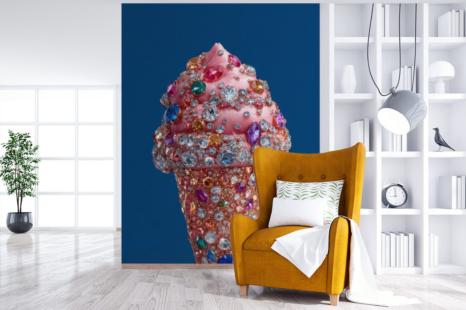 MuchoWow Fototapete Eistüte - Strasssteine - Blau, Matt, bedruckt, Wallpaper für Wohnzimmer, Schlafzimmer, Vinyl Tapete, 165x220 cm