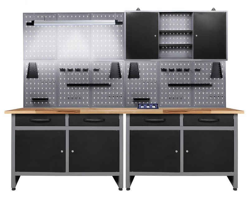 ONDIS24 Werkstatt-Set Werkstatt Werkstatteinrichtung 240cm Komplettset, mit LED Bluetooth Lautsprechern, inkl. versenkbare Steckdosenleiste