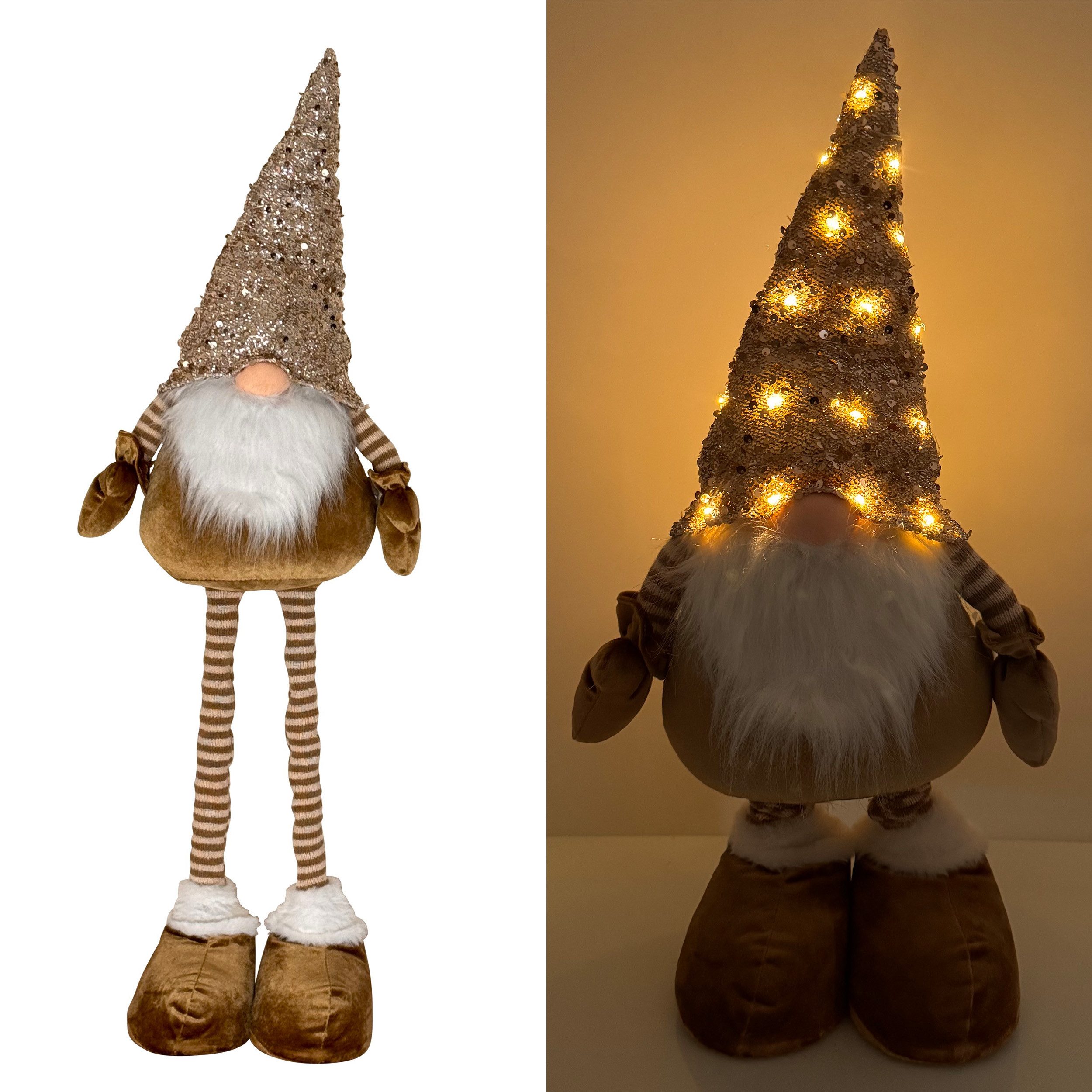 Online-Fuchs Weihnachtsfigur süßer Wichtel mit Zipfelmütze, Teleskopbeinen und LED-Beleuchtung (Deko zu Weihnachten, Dauerleuchten oder Funkeleffekt wählbar), inkl. praktischer 6-Stunden Timerfunktion