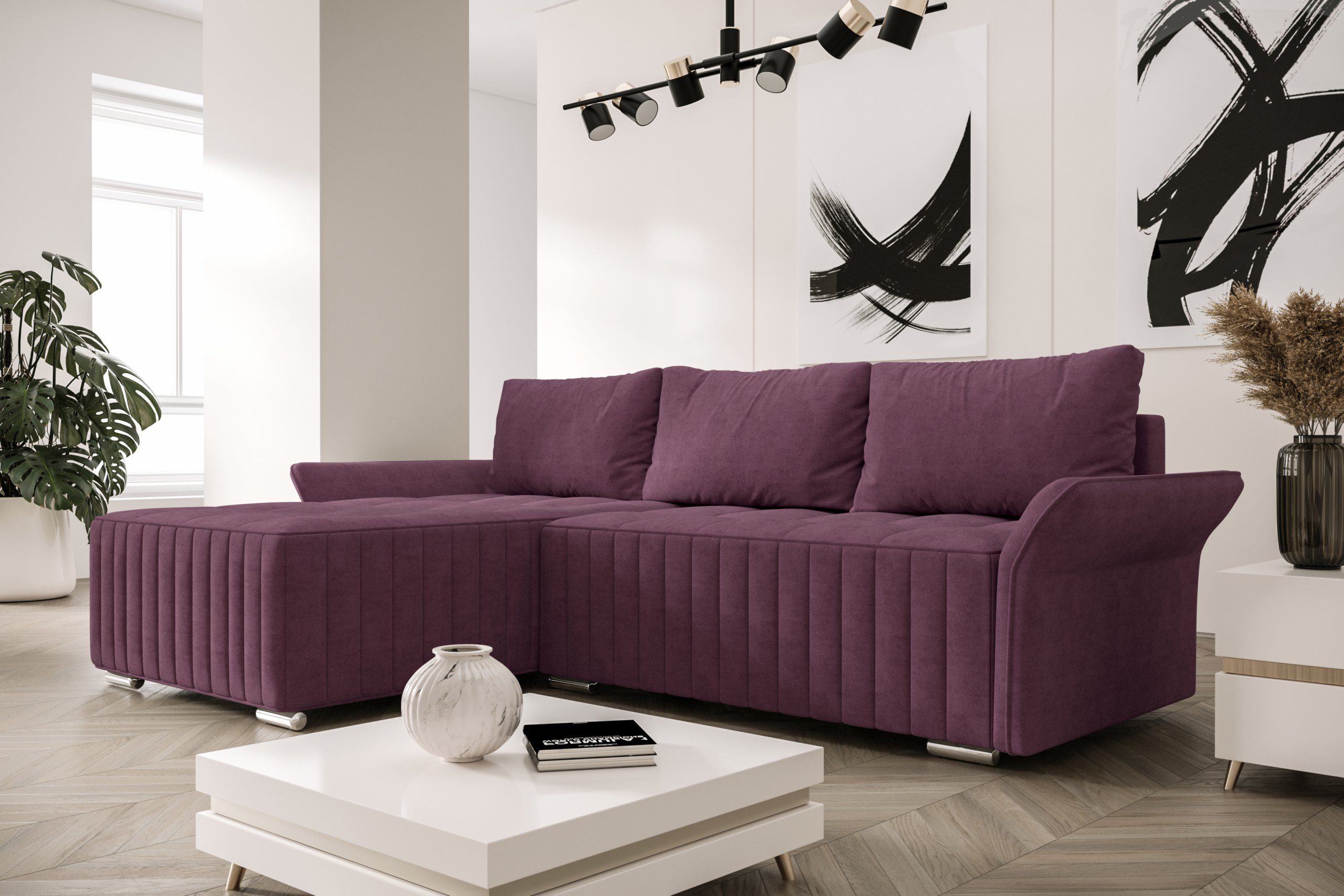 ROYAL24_MARKT Ecksofa Elegante Komfortzone Moderne Ecksofas, Flexibles Wohn-Set, Moderner Stil, Ausklapp-Automat, Rückenkissen inklusive Lavendel