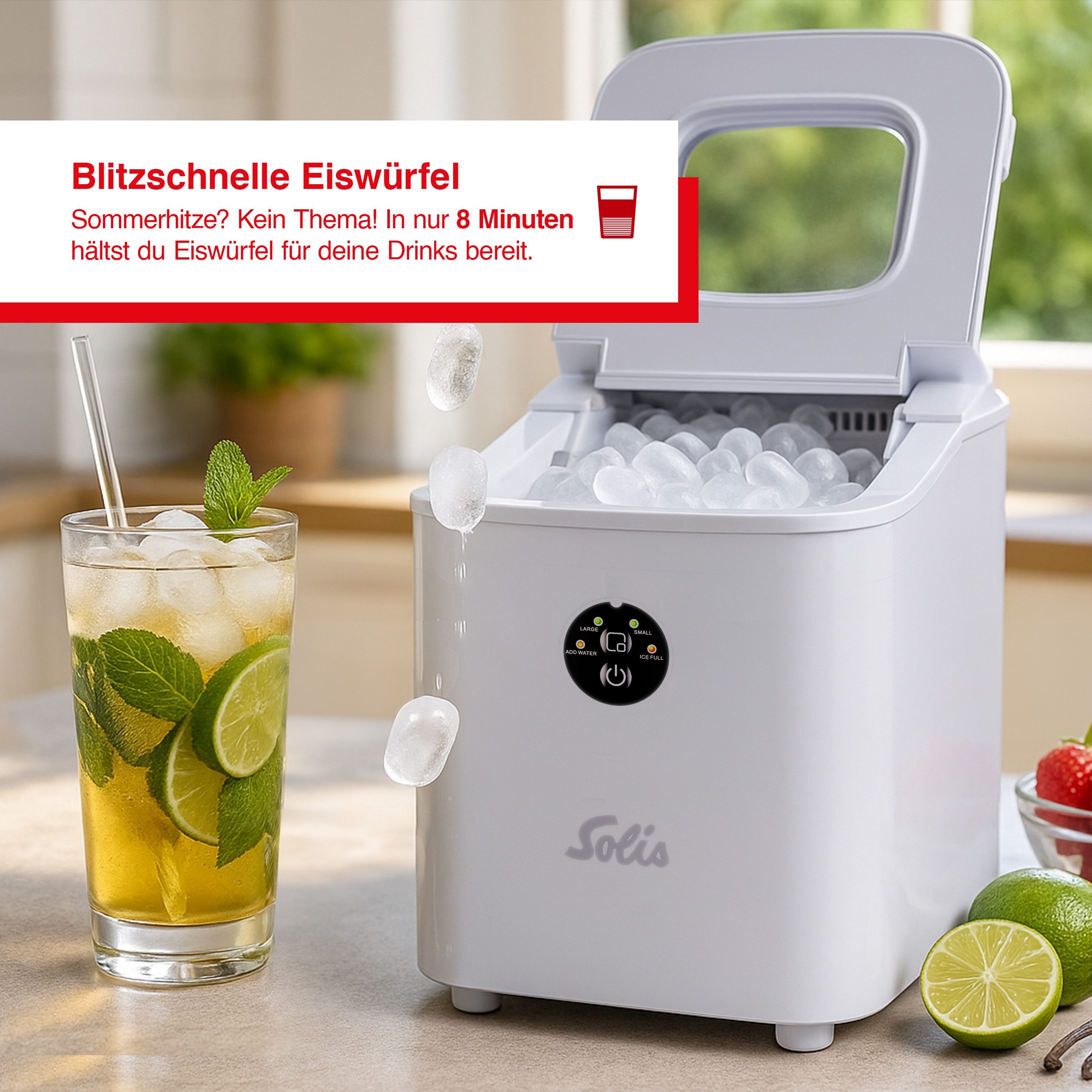 SOLIS OF SWITZERLAND Eiswürfelmaschine Ice Cube Express, Typ 8510, 2 Größen, 8 Eiswürfel in 10 Minuten, 1 L Volumen