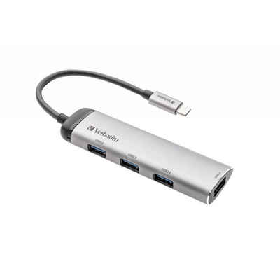 Verbatim USB-C Multiport-Hub 49147 USB-Adapter, 15 cm, 4 x USB 3.2, für Slimline-Notebook oder Smartphone, silber