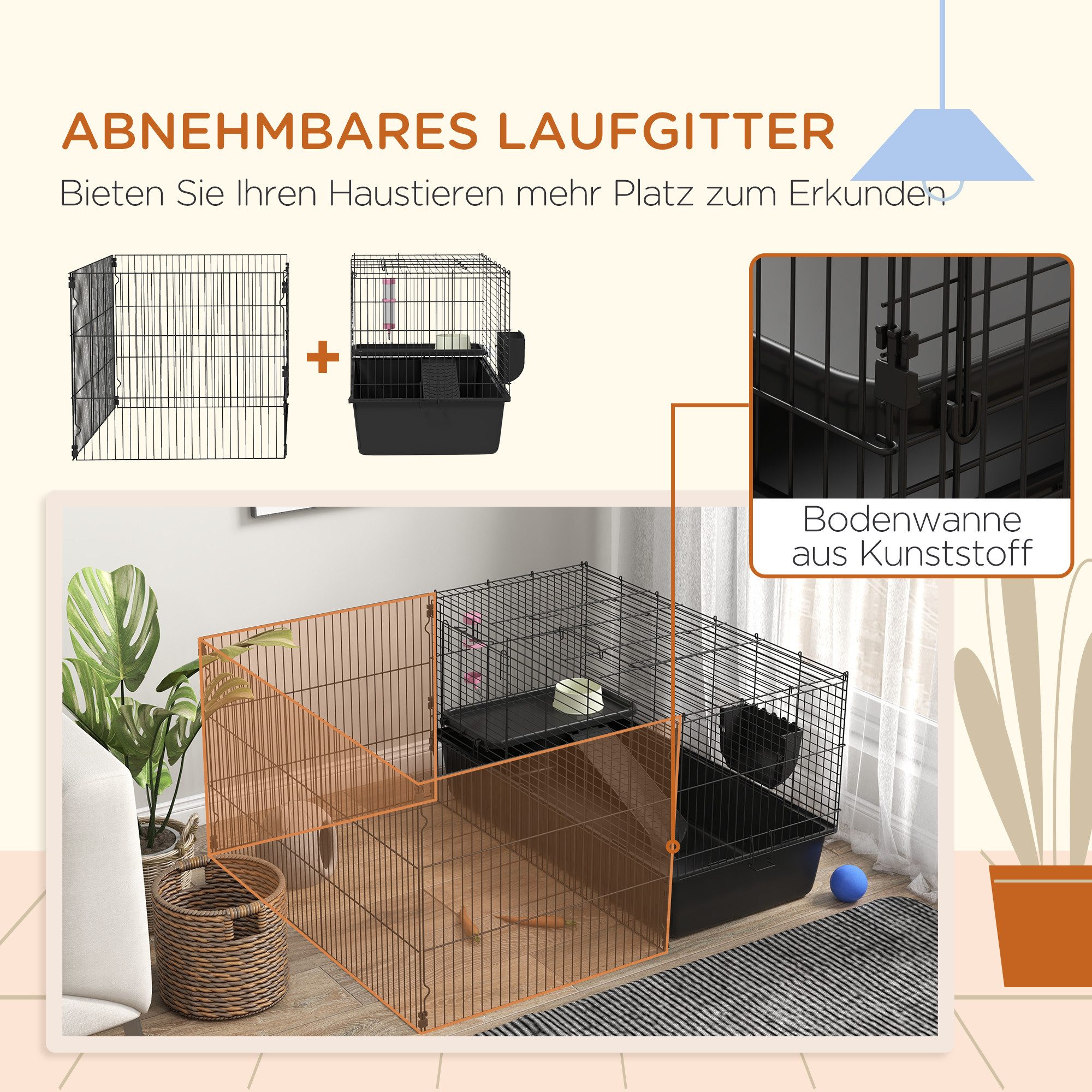 PawHut Kleintierkäfig Kleintierkäfig Nagerkäfig mit Zubehör Kleintierstall Stahl Schwarz, 112.5L x 99B x 54Hcm