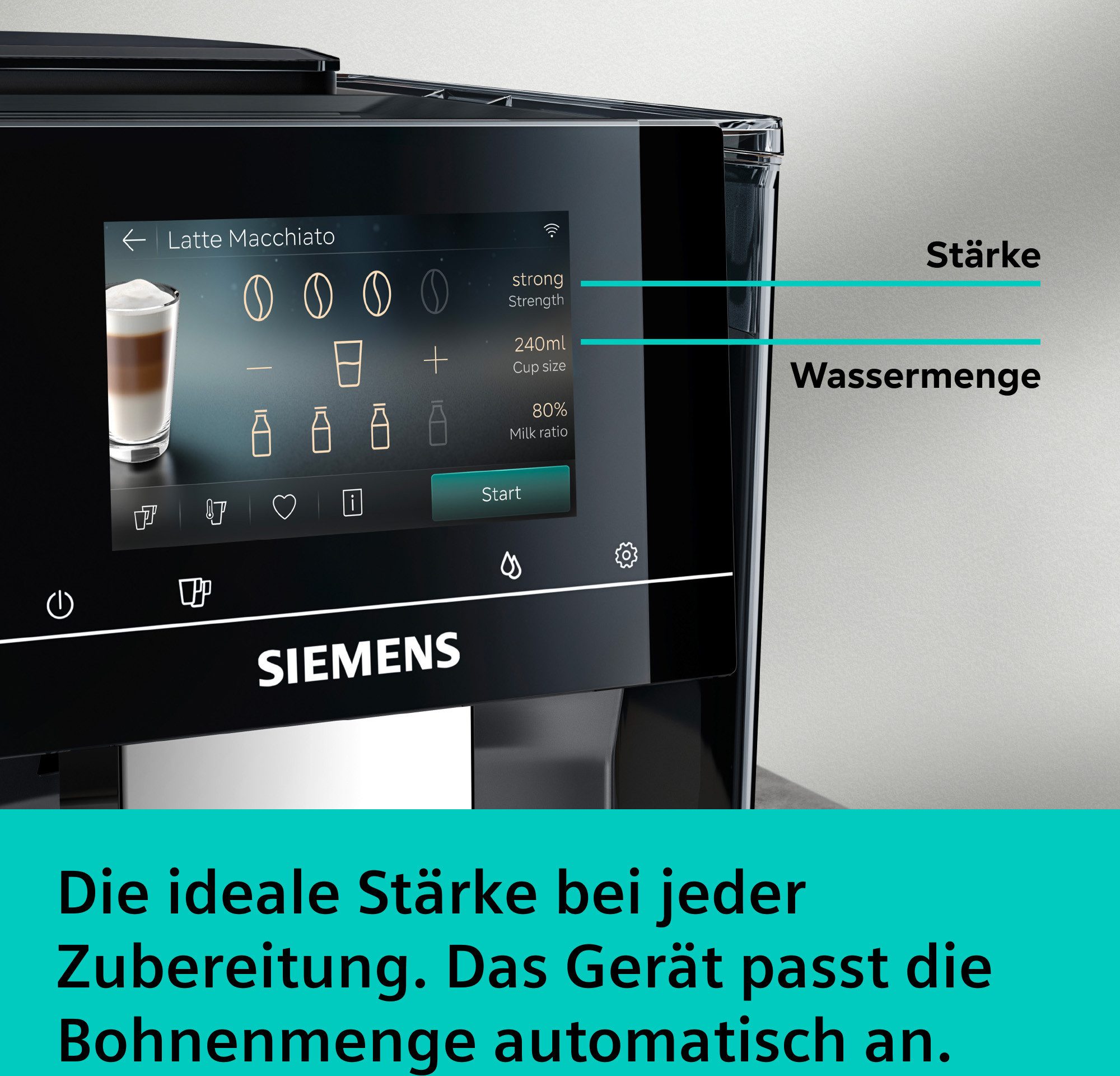 SIEMENS Kaffeevollautomat EQ700 TP725E01, 41 verschiedene Getränke, XL-Getränke, 20 Favoriten, farbiges Full-Touch-Display, Doppeltassenfunktion, sehr leise, grau