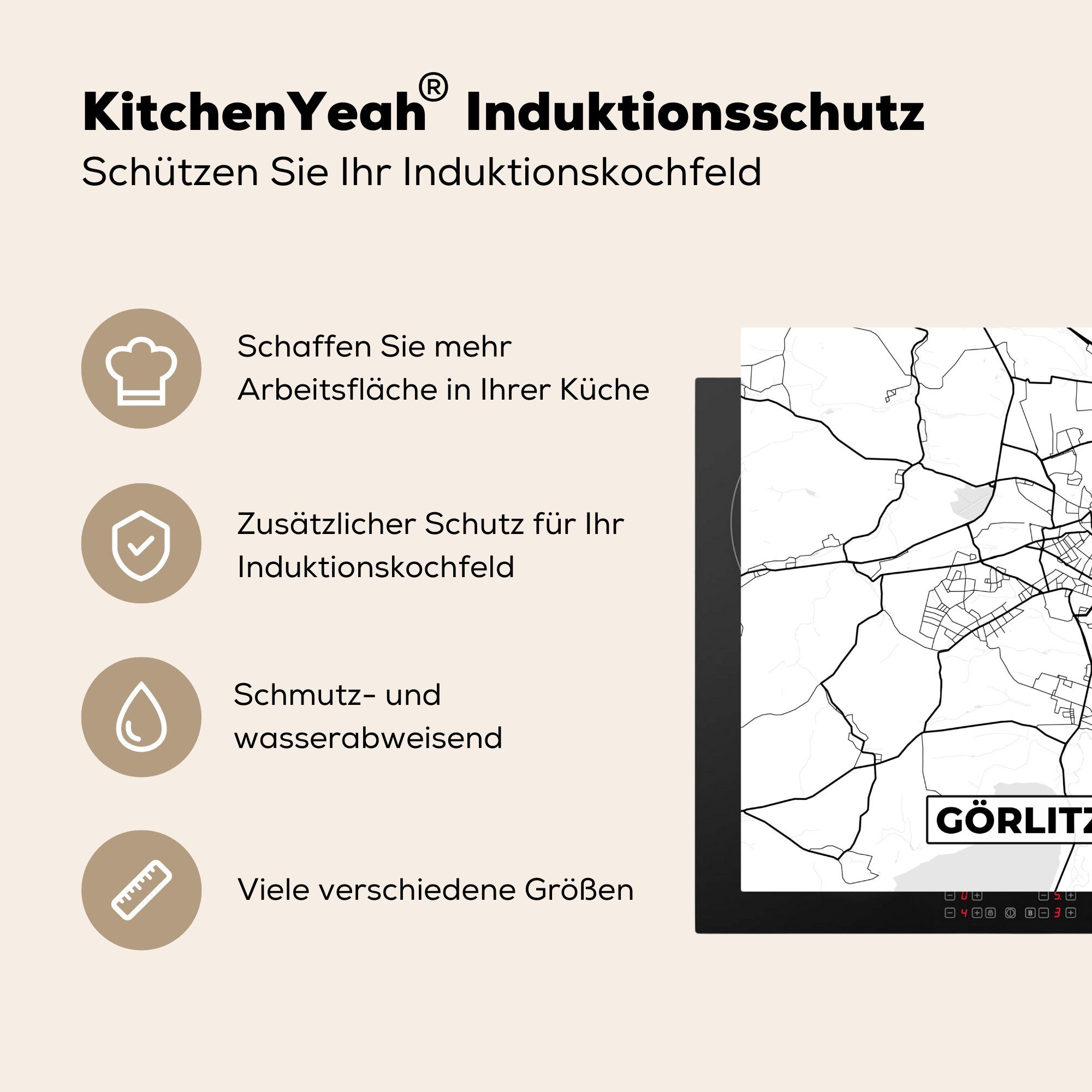 Arbeitsplatte für (1 Herdblende-/Abdeckplatte - Karte MuchoWow küche Stadtplan, - 78x78 cm, Görlitz Karte - tlg), Vinyl, Ceranfeldabdeckung,