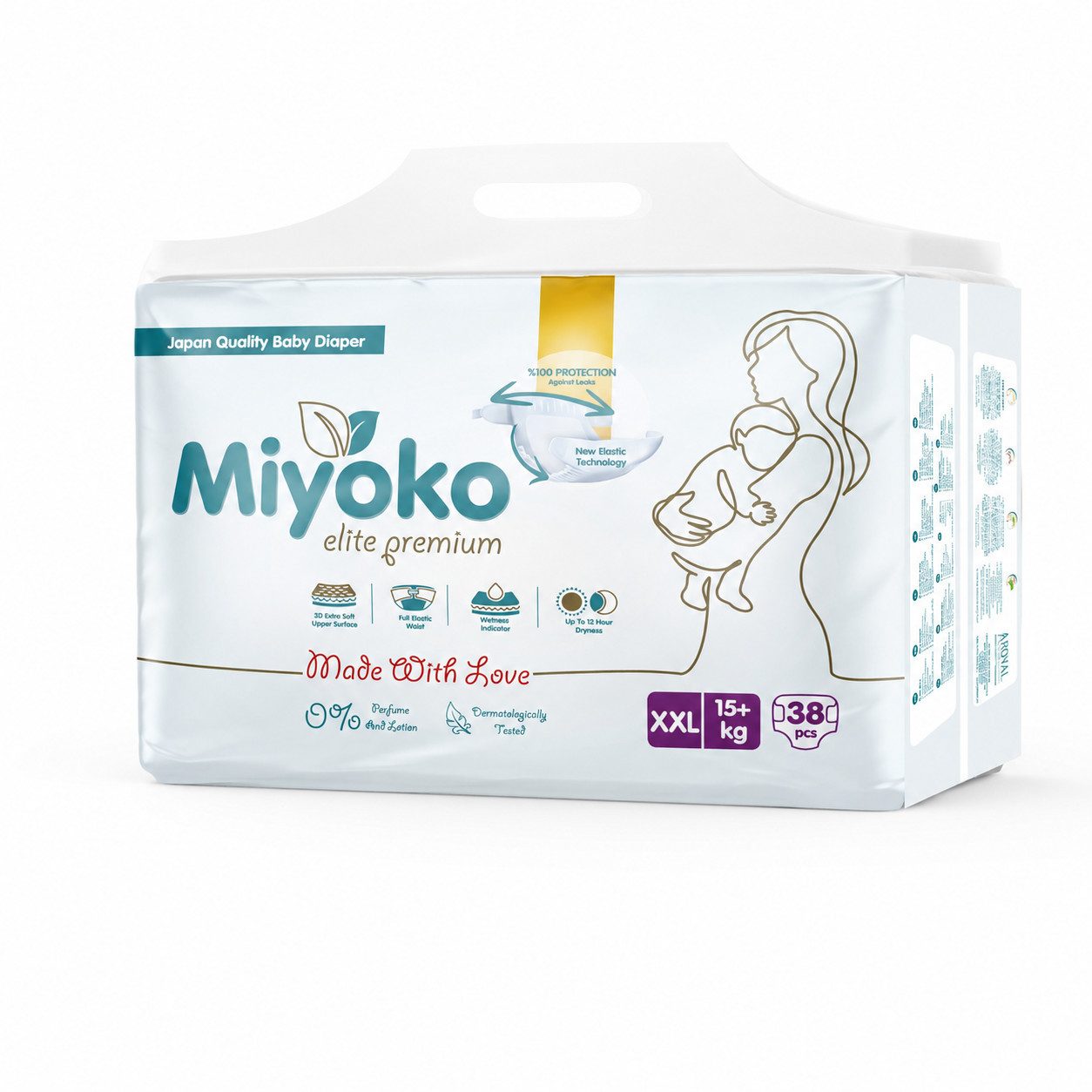 Preline Windeln Miyoko Elite Premium Babywindel, 3D extra weiche Oberfläche (Einzelpackung, 1er-Set, Größe S–XXL, 38–68 Stück je nach Größe), Nässeindikator, elastischer Bund, bis zu 12 Std. Trockenheit