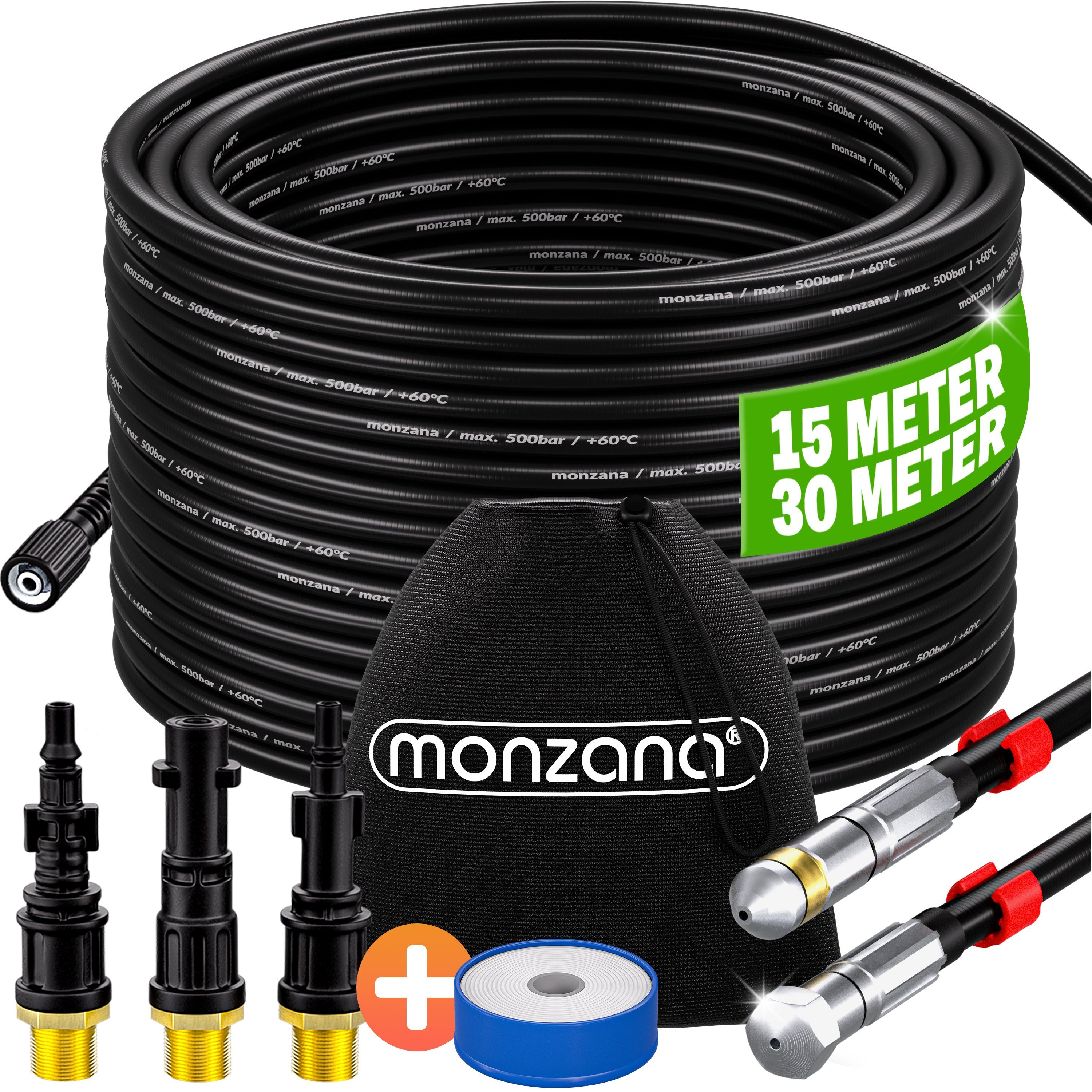 monzana Rohrreinigungsspirale, Rohrreinigungsschlauch 30m 200bar 3 Adapter 2 Düsen Kärcher kompatibel