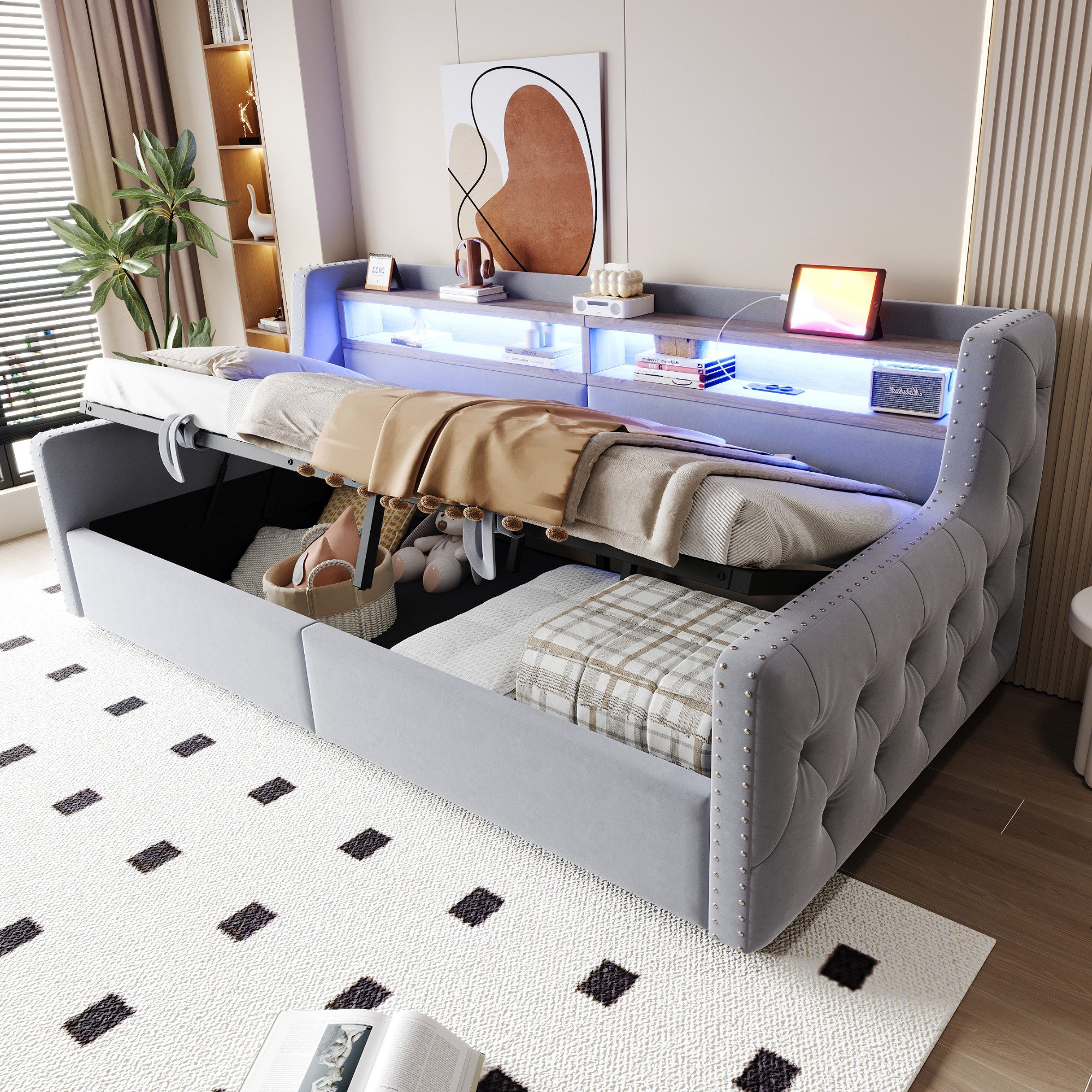 OKWISH Schlafsofa Polsterbett Stauraumbett, mit hydraulischem günstig online kaufen