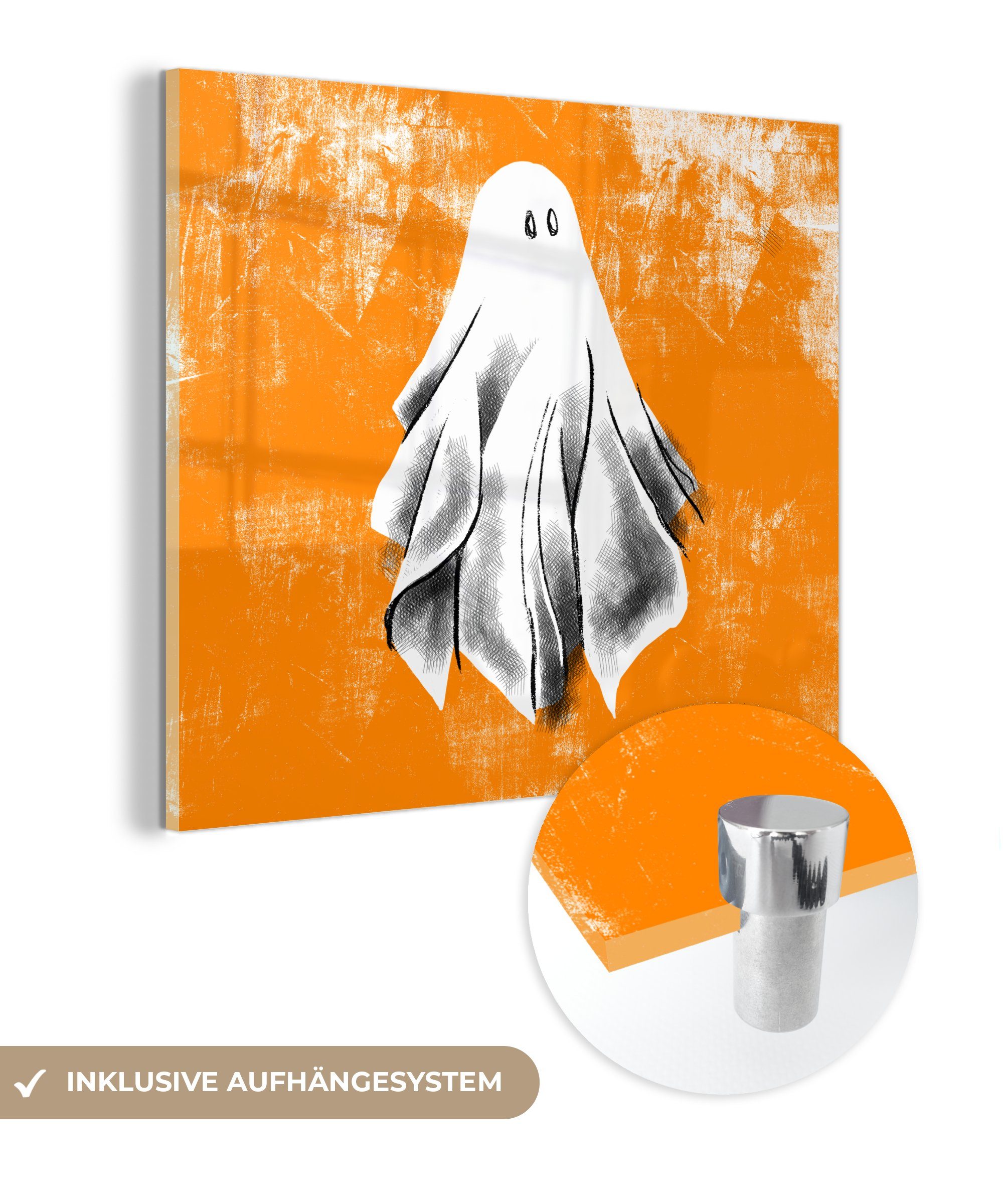 MuchoWow Acrylglasbild Halloween Illustration Geist auf abgenutzten Hintergrund, (1 St), Glasbilder - Bilder auf Glas Wandbild - Foto auf Glas - Wanddekoration