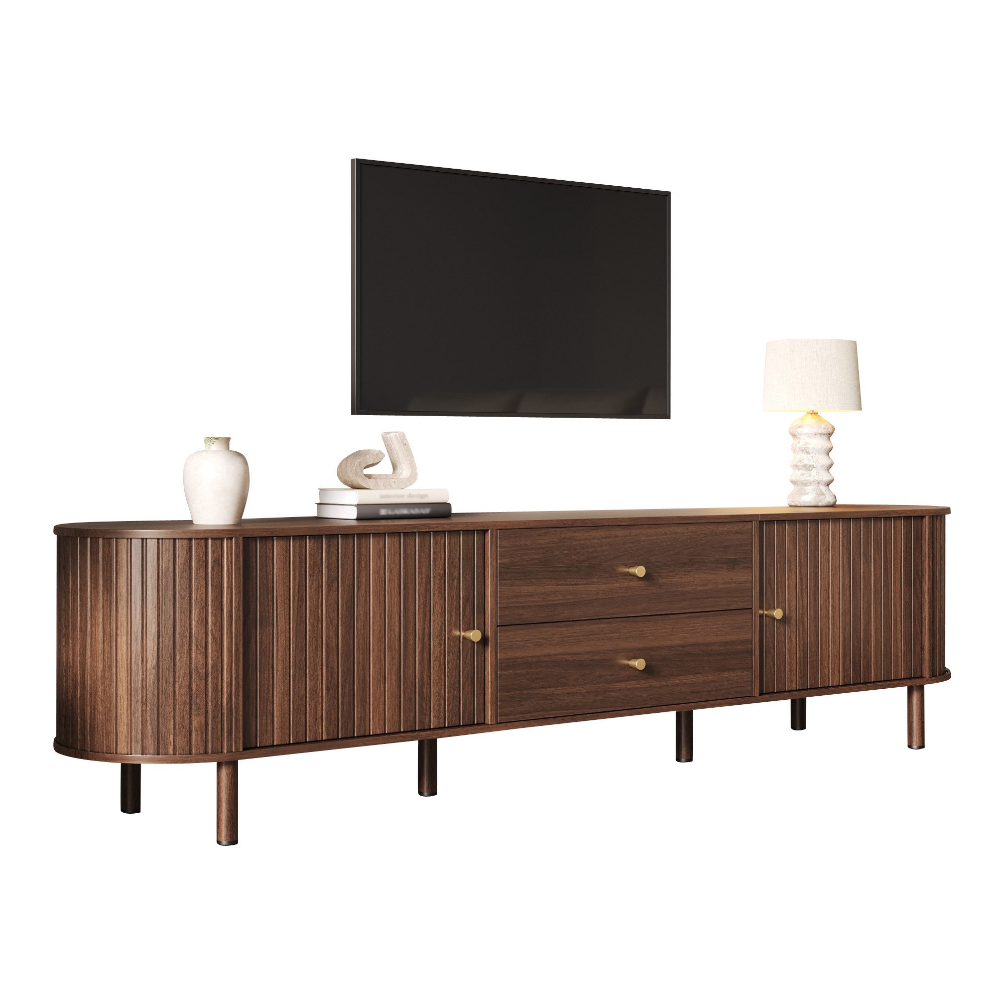 Merax Lowboard mit 2 Schiebetüren und 2 Schubladen, TV Schrank in Holzoptik (1 St), Fernsehtisch mit Kabelmanagement, 180x40x58cm