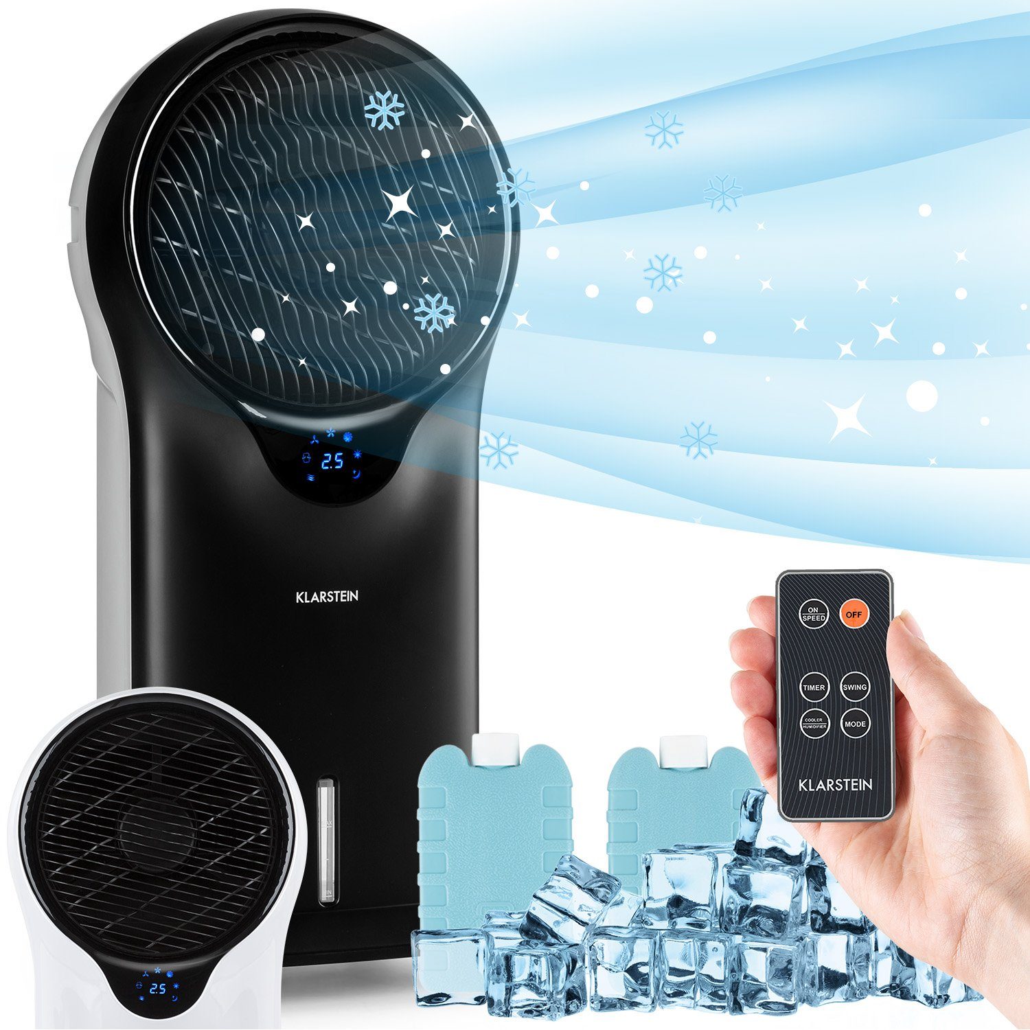 Klarstein Ventilatorkombigerät Luftkühler, & Schwarz ohne mobil Whirlwind Abluftschlauch Klimagerät Wasserkühlung mit 3-in-1 Eis